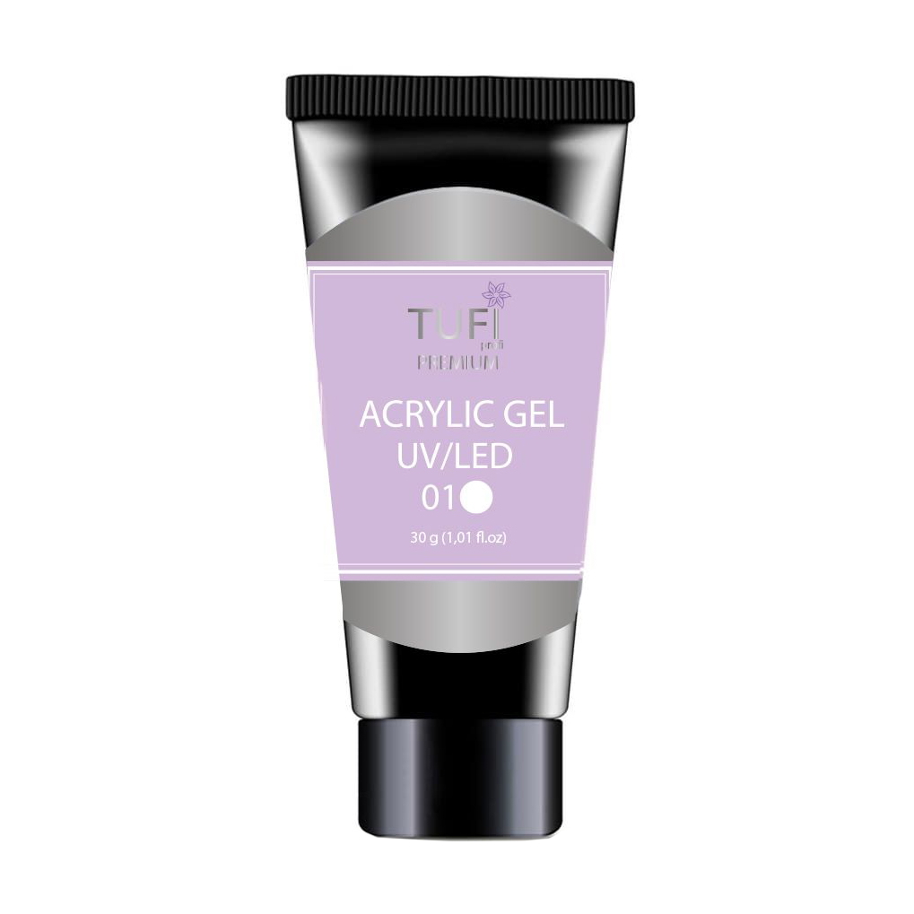 Акрил-гель для нігтів Tufi Profi Premium Acrylic Gel UV/LED, 01 Білий сніг, 30 г