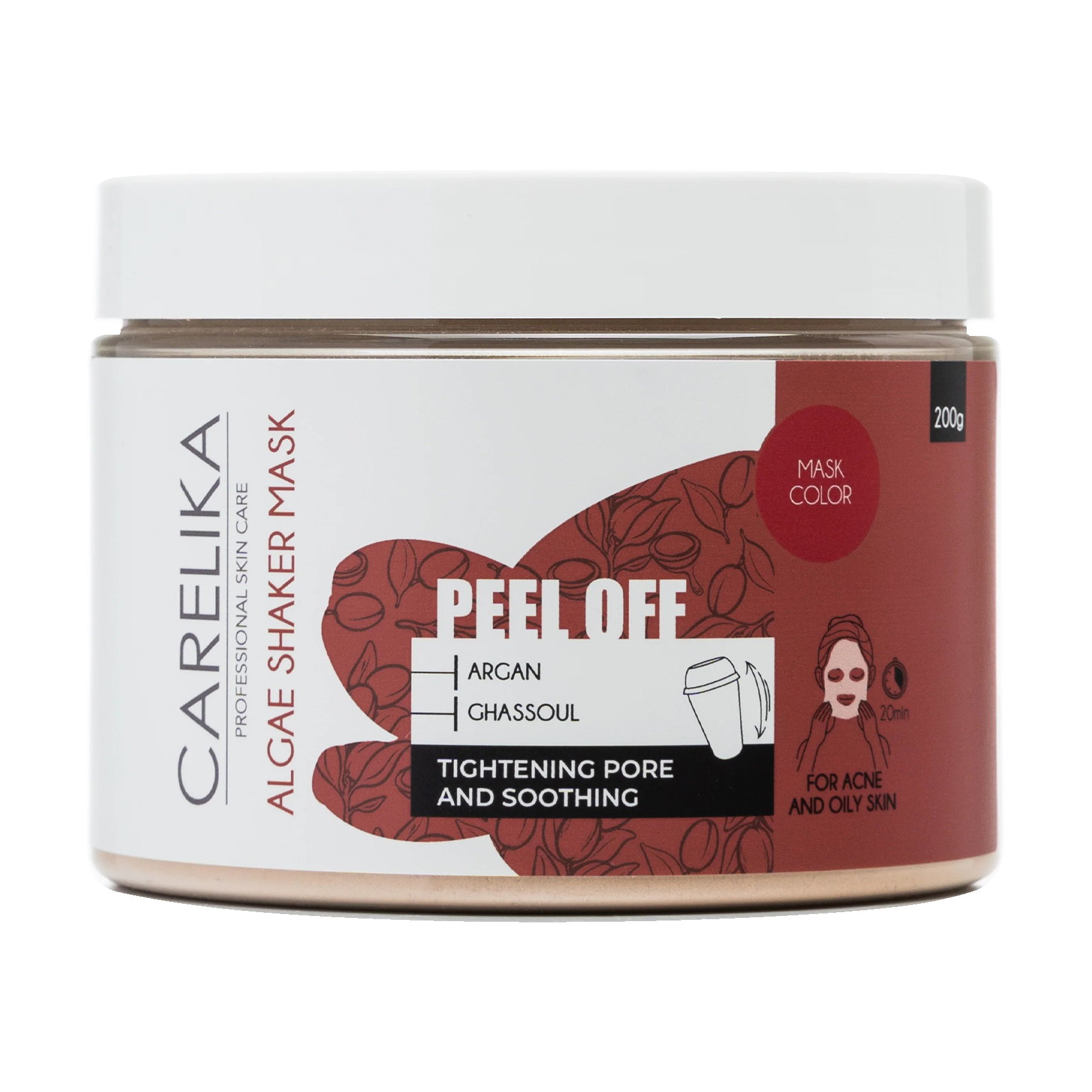 Альгінатна маска-шейкер для обличчя Carelika Peel Off Algae Shaker Mask Argan-Ghassoul з аргановою олією та марокканською глиною, 200 г