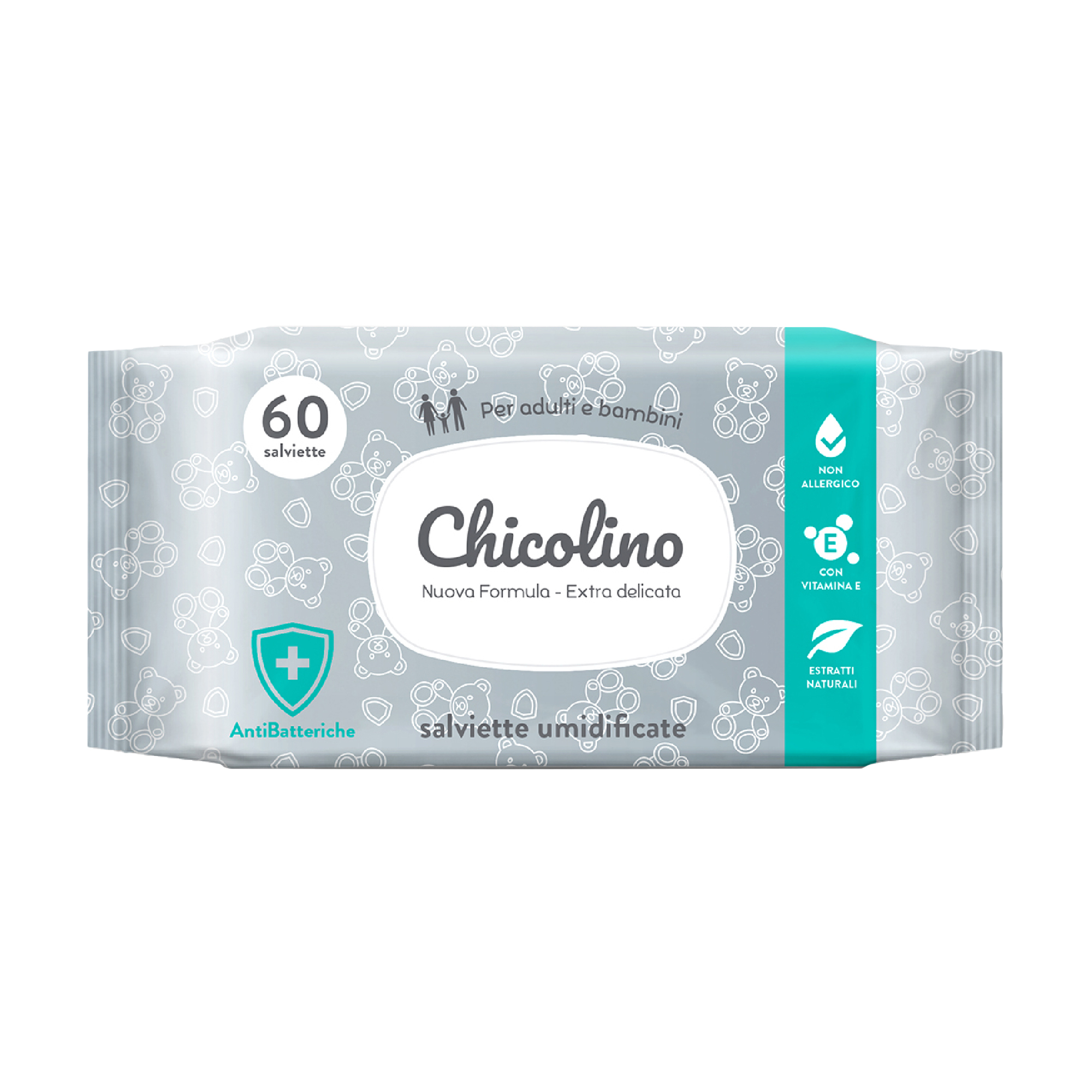 Антибактеріальні вологі серветки для дітей і дорослих Chicolino, 60 шт