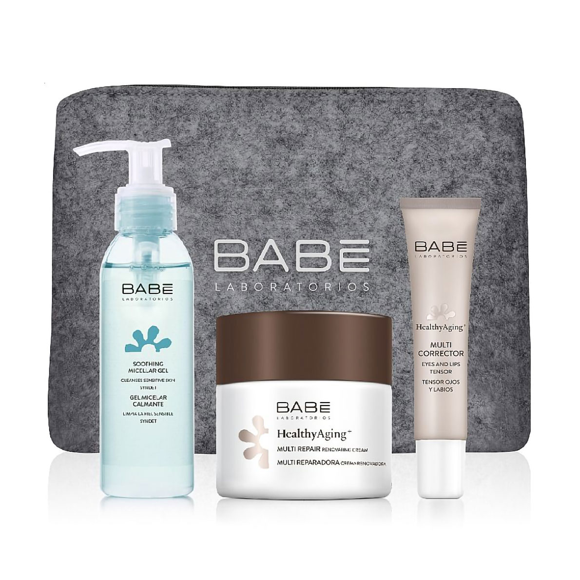 Антивіковий набір для обличчя BABE Laboratorios (міцелярний гель, 90 мл + крем для шкіри навколо очей, 15 мл + нічний крем, 50 мл + косметичка)