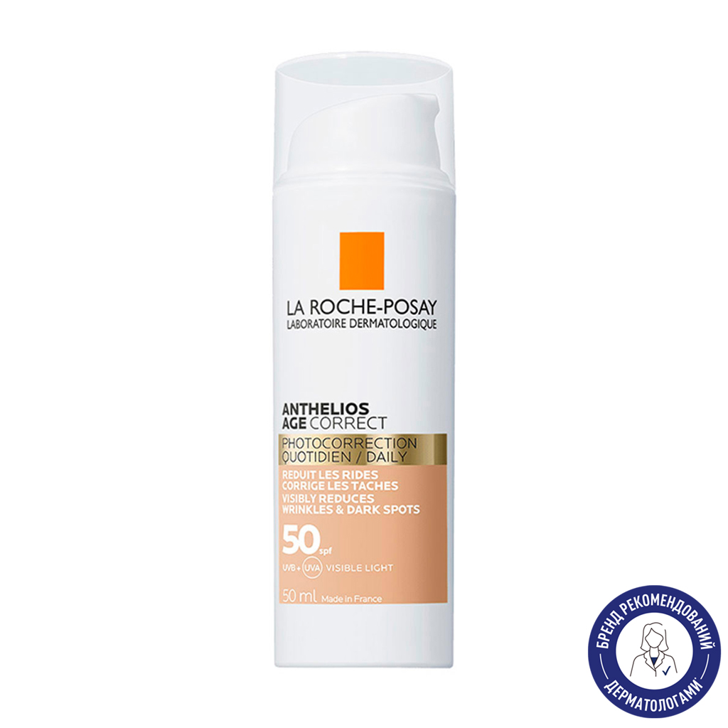 Антивіковий сонцезахисний засіб La Roche-Posay Anthelios Age Correct SPF50 з тонувальним ефектом для обличчя, проти зморщок та пігментації, 50 мл