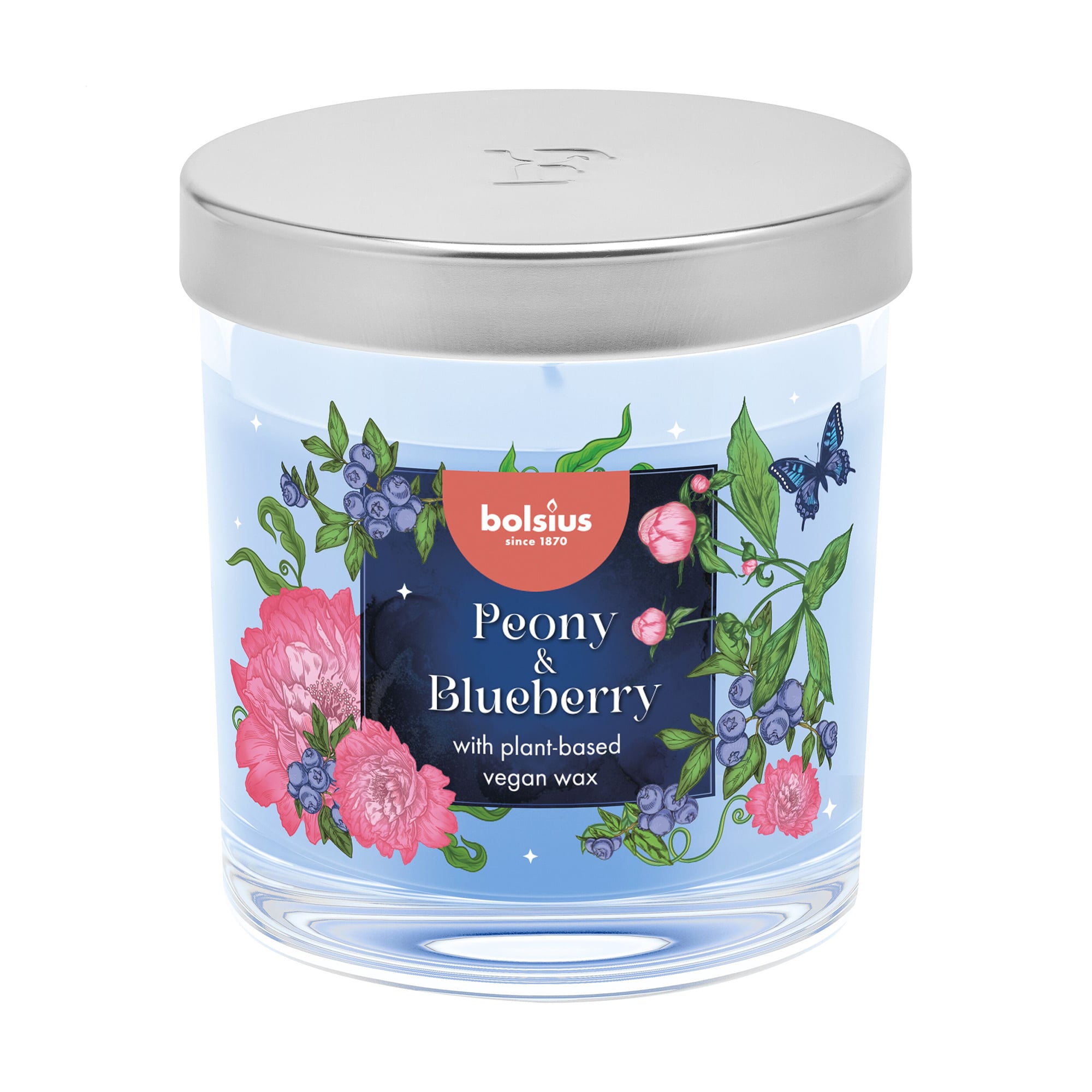 Ароматична свічка в склянці Bolsius Peony &amp; Blueberry з металевою кришкою, 80*72 мм