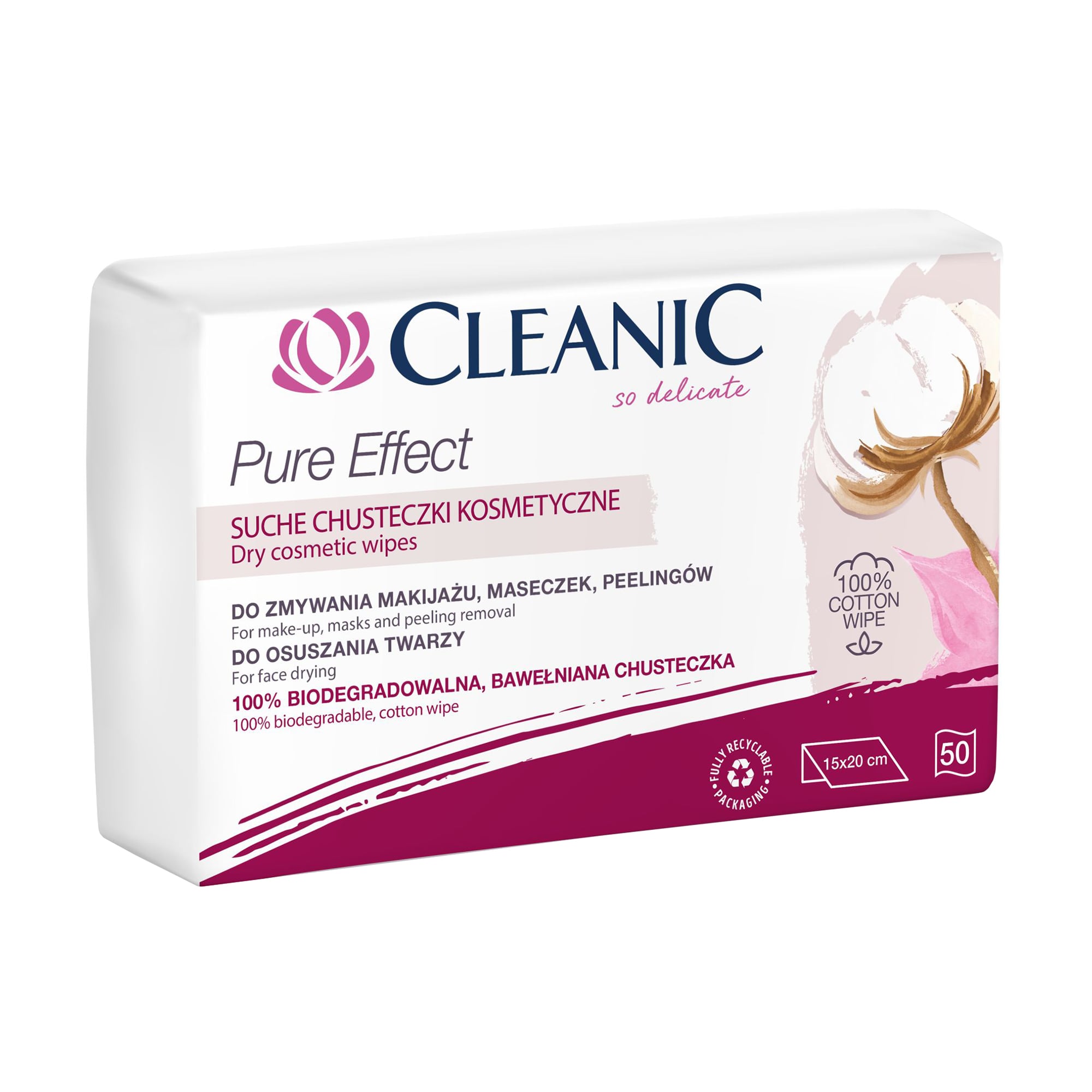 Бавовняні сухі косметичні серветки Cleanic Pure Effect, 50 шт
