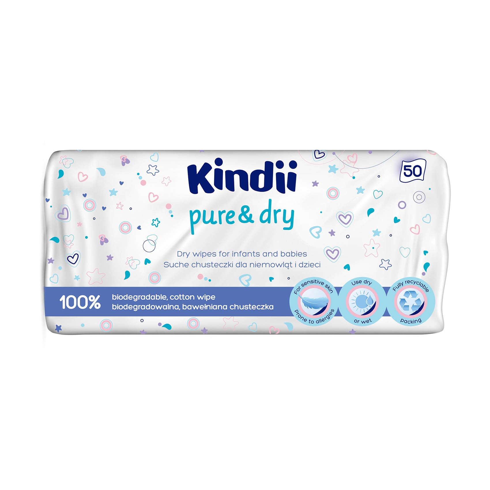 Бавовняні сухі серветки для дітей Kindii Pure &amp; Dry Dry Wipes, 50 шт