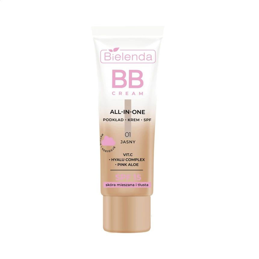 BB-крем для обличчя Bielenda All in One, SPF 15, для комбінованої та жирної шкіри, 01 Світлий, 30 г