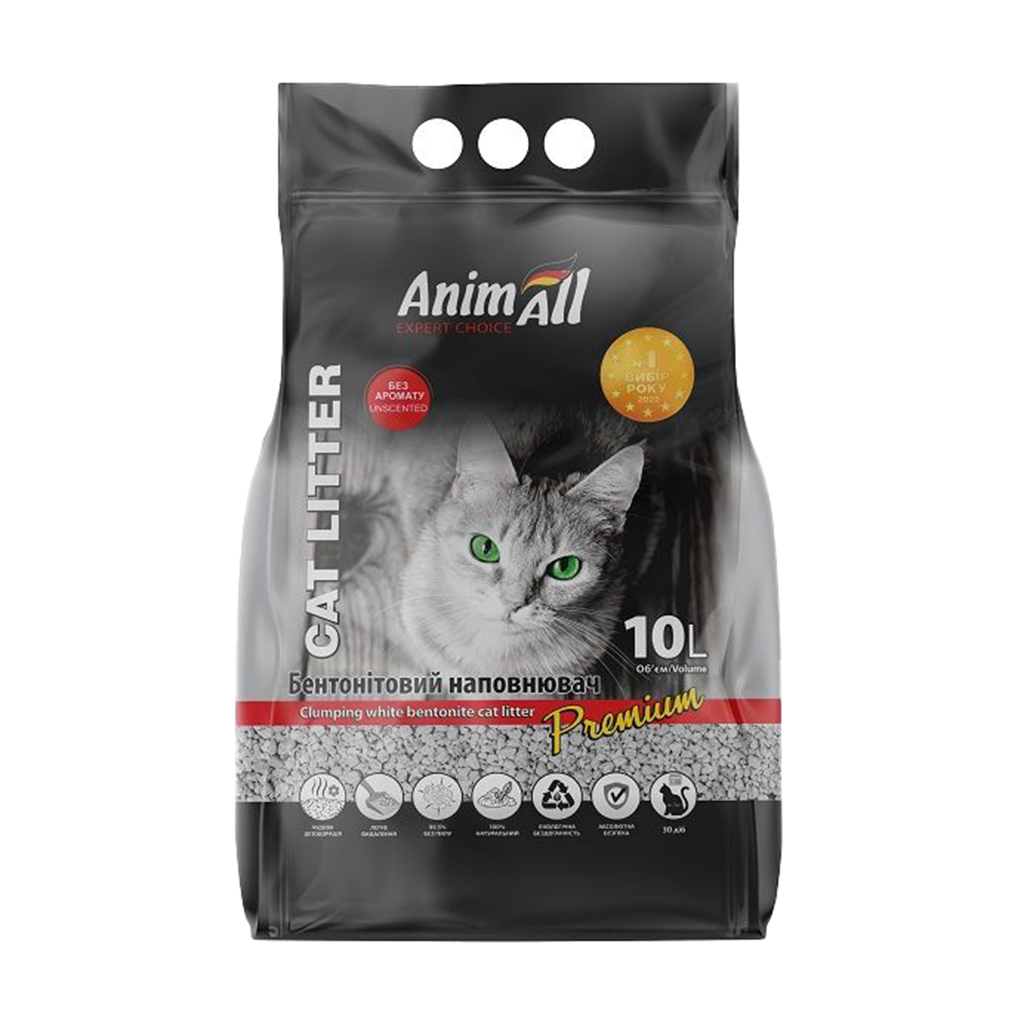Бентонітовий наповнювач для котячого туалету AnimAll Premium білий, без аромату, 10 л