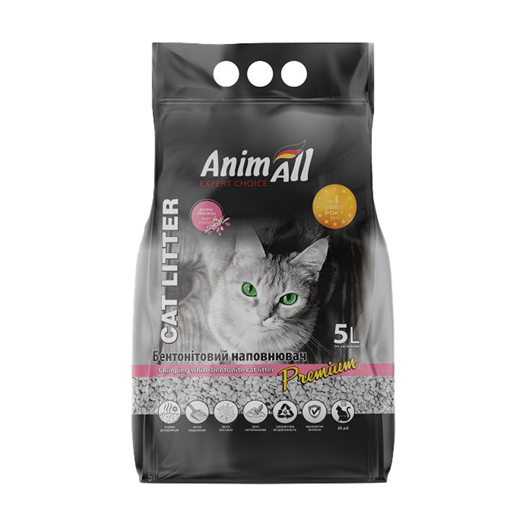 Бентонітовий наповнювач для котячого туалету AnimAll Premium білий, з ароматом дитячої присипки, 5 л