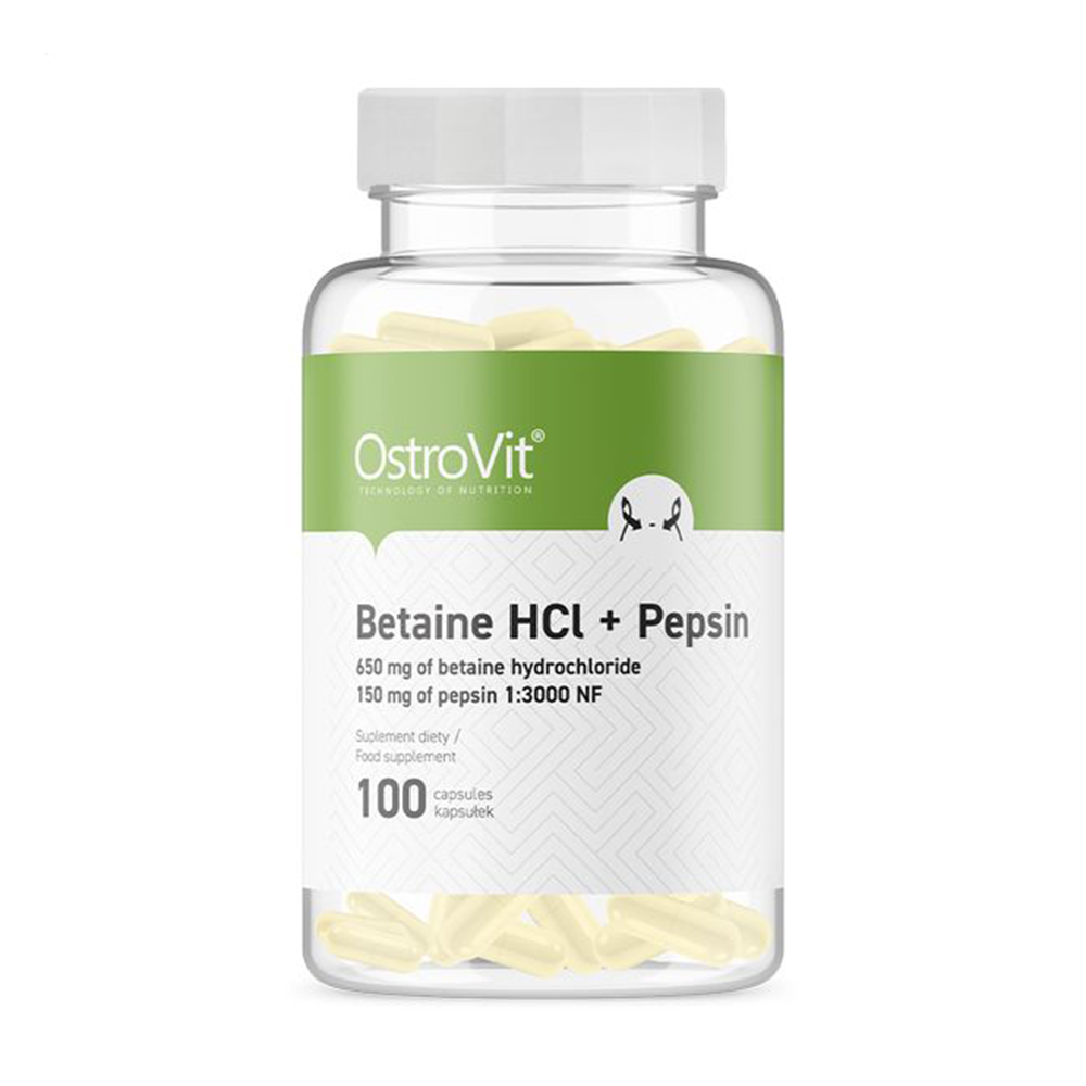 Бетаїн HCl + Пепсин OstroVit Betaine HCl + Pepsin 650 мг бетаїну і 150 мг пепсину, 100 капсул