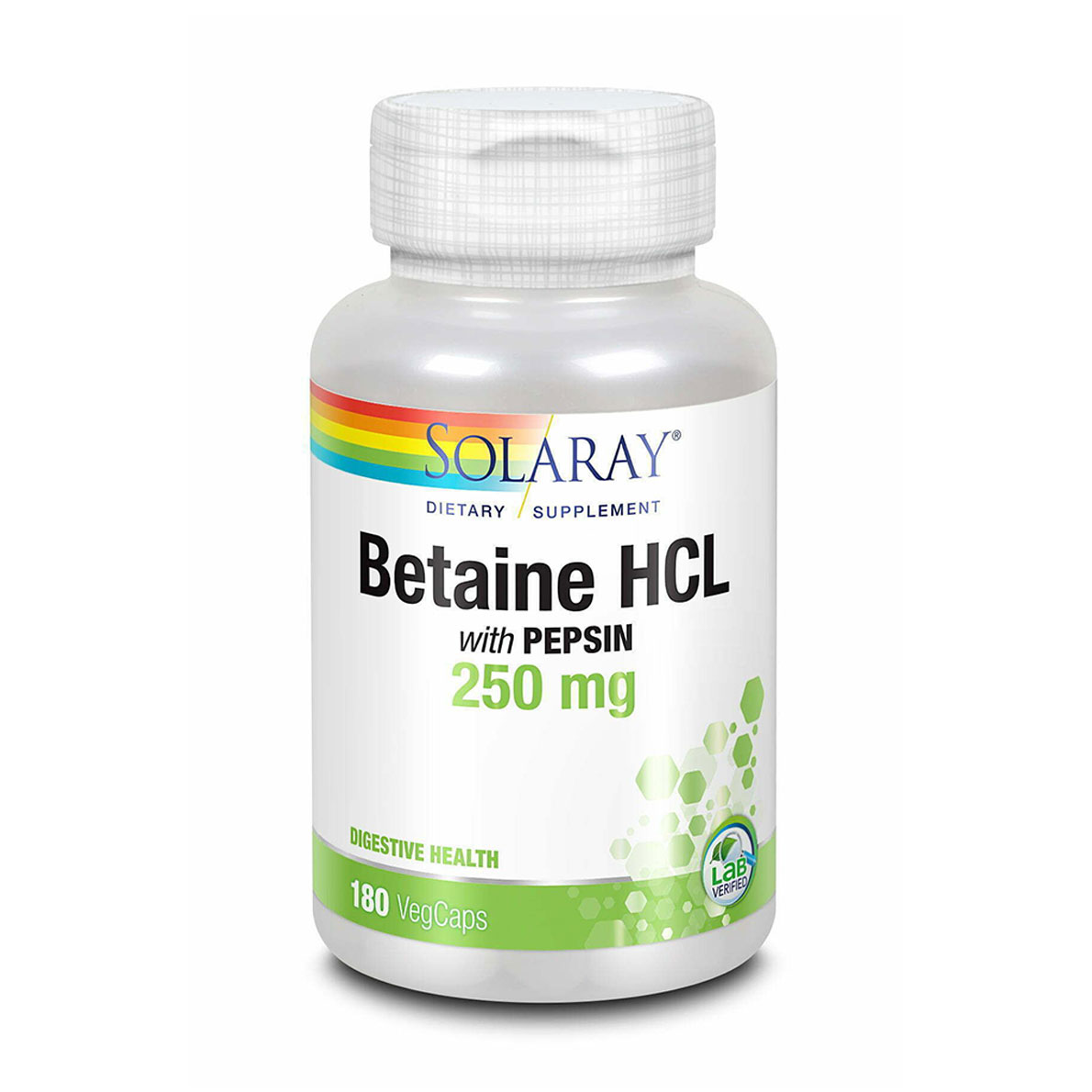 Бетаїн HCl з пепсином Solaray Betaine HCl With Pepsin 250 мг, 180 вегетаріанських капсул