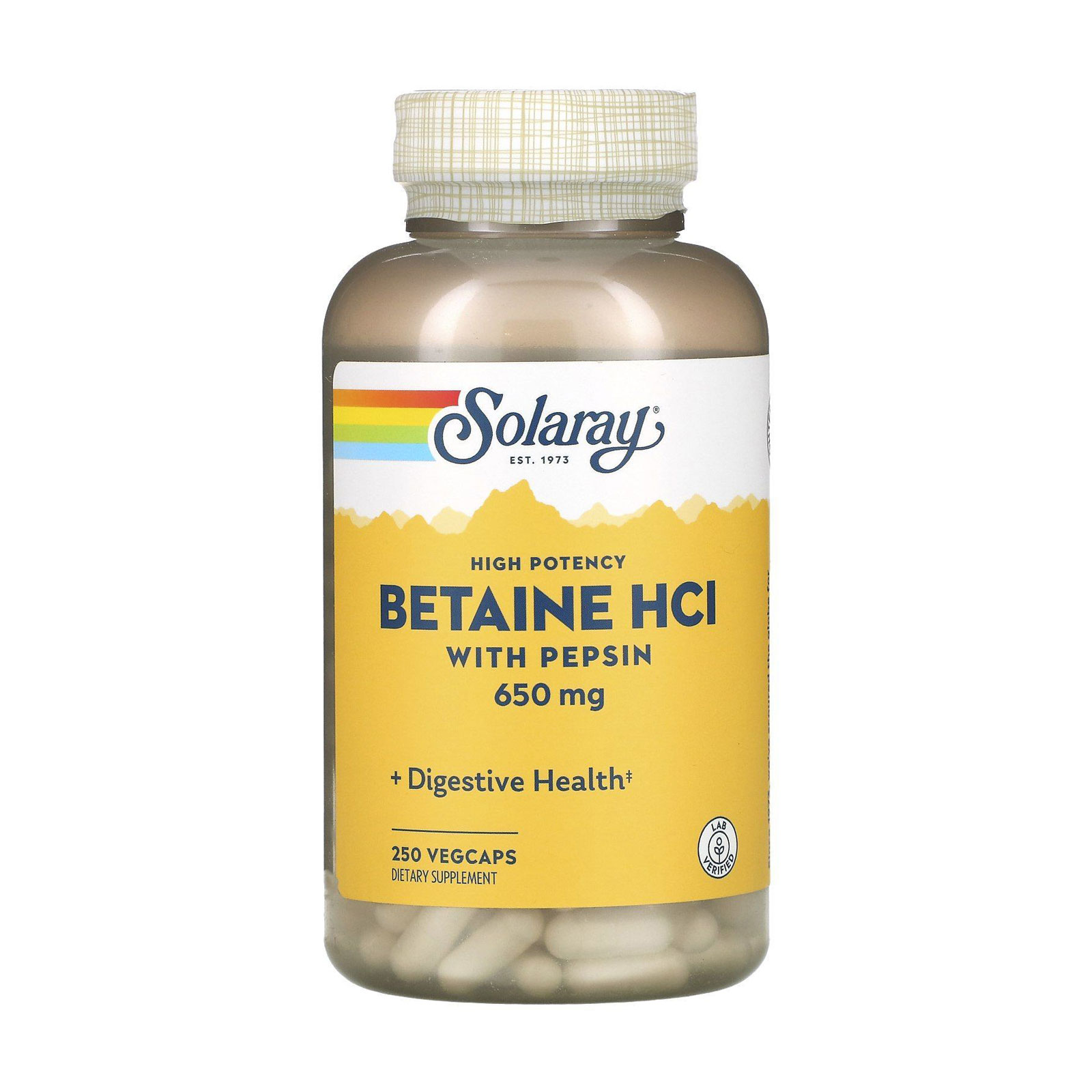 Бетаїну гідрохлорид з пепсином Solaray Betaine HCL with Pepsin 650 мг, 250 вегетаріанських капсул