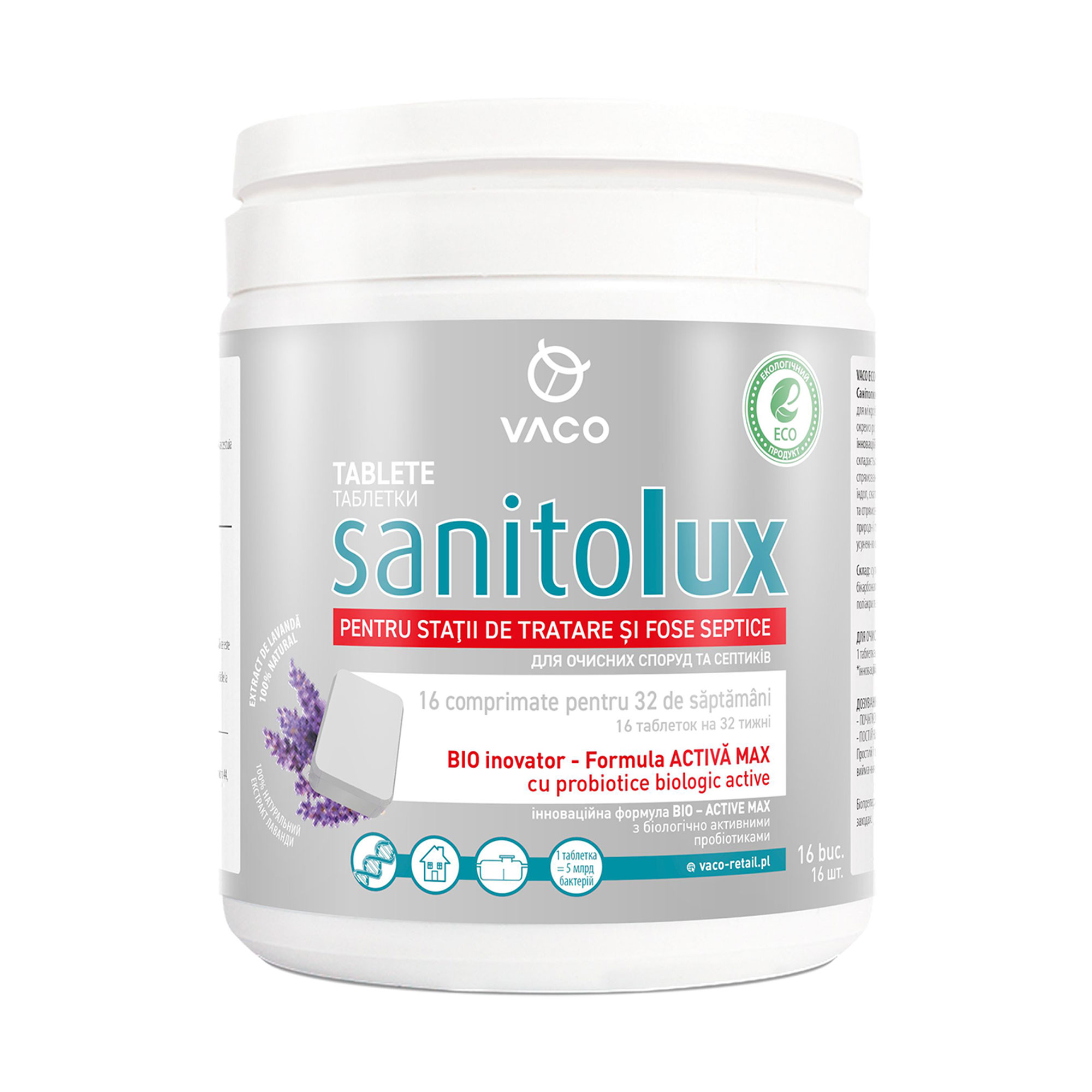 Біоактиватор для очисних споруд та септиків Vaco Eco Sanitolux, 16 шт