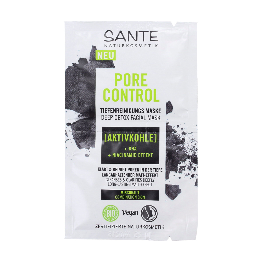 Біомаска для обличчя Sante Pore Control Facial Mask для комбінованої шкіри, з активованим вугіллям, BHA-кислотою та комплексом ніацинаміду, 2*4 мл