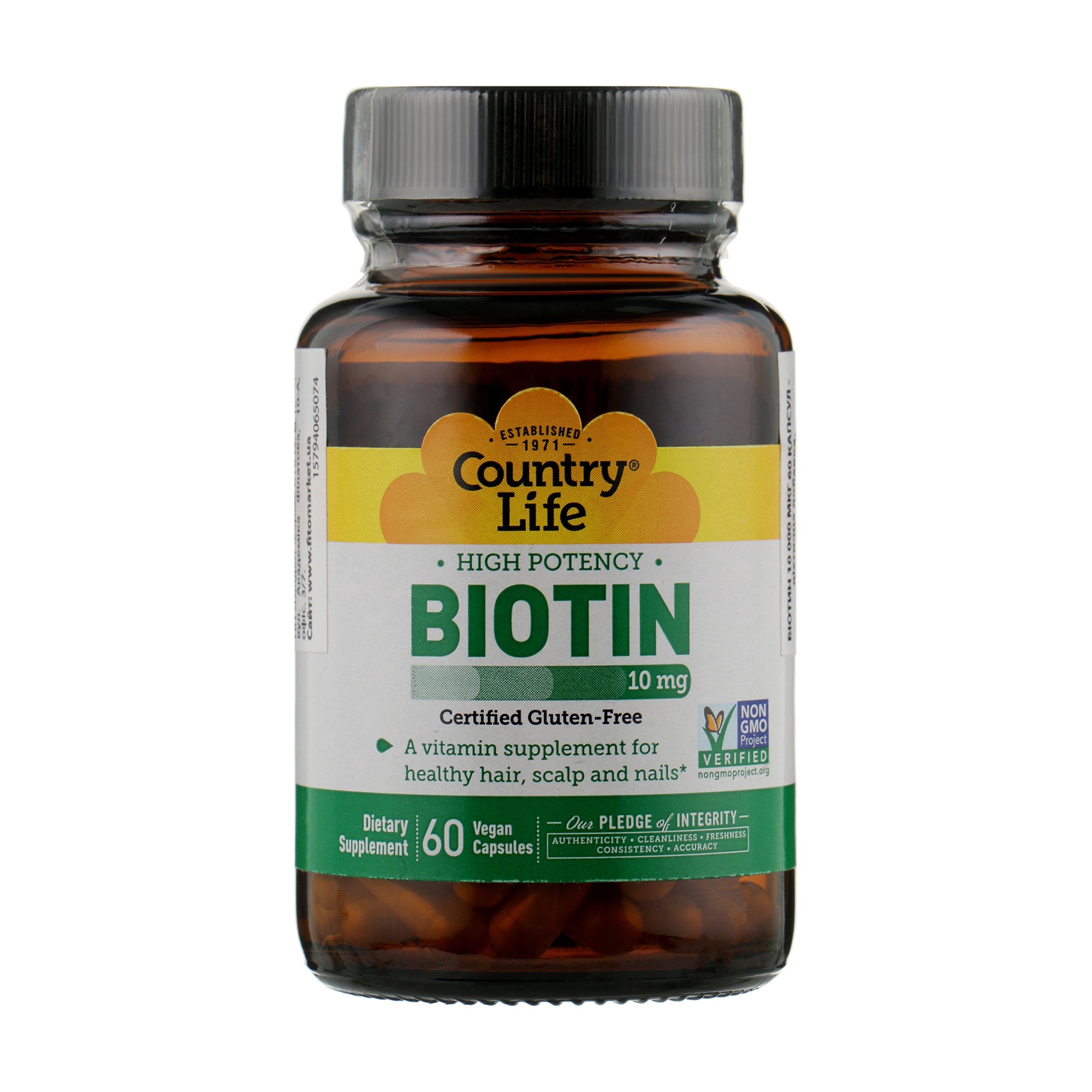 Біотин Country Life Biotin 10 мг, 60 веганських капсул