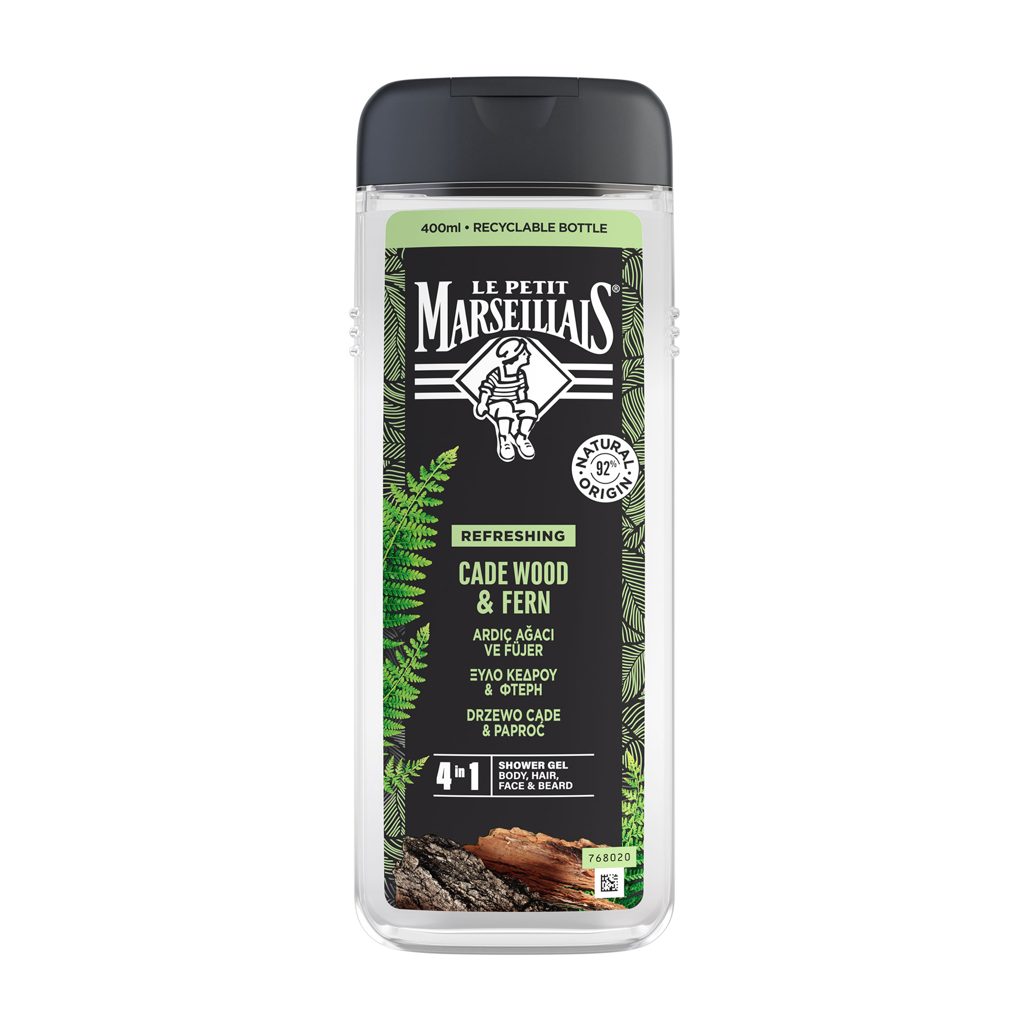 Чоловічий гель для душу 4 в 1 Le Petit Marseillais Body, Hair, Face &amp; Beard Shower Gel Ялівець та екстракт папороті, 400 мл