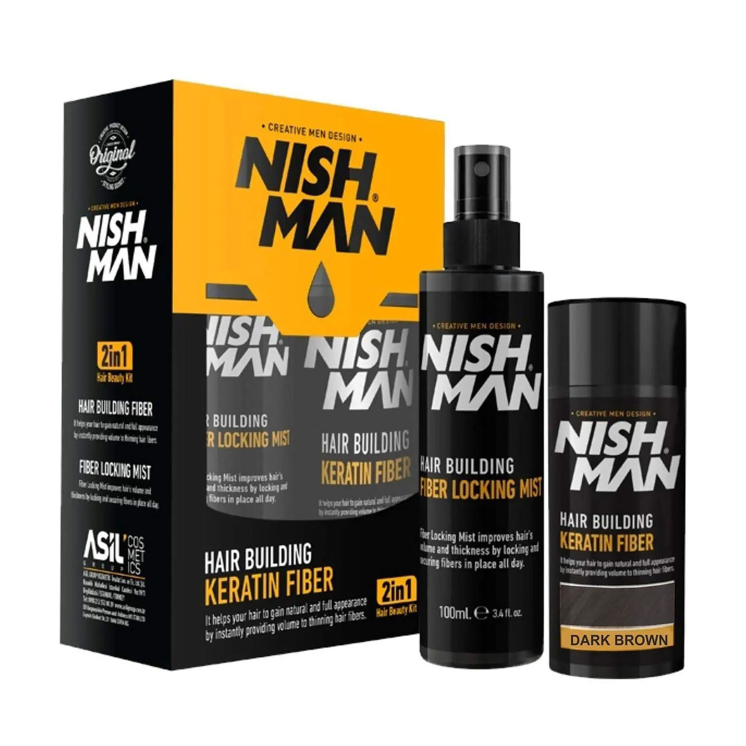 Чоловічий набір для маскування залисин Nishman Hair Building Keratin Fiber, Dark Brown (пудра, 20 г + фіксатор, 100 мл)