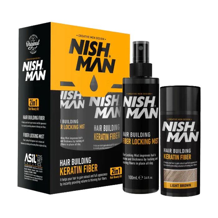 Чоловічий набір для маскування залисин Nishman Hair Building Keratin Fiber, Light Brown (пудра, 20 г + фіксатор, 100 мл)