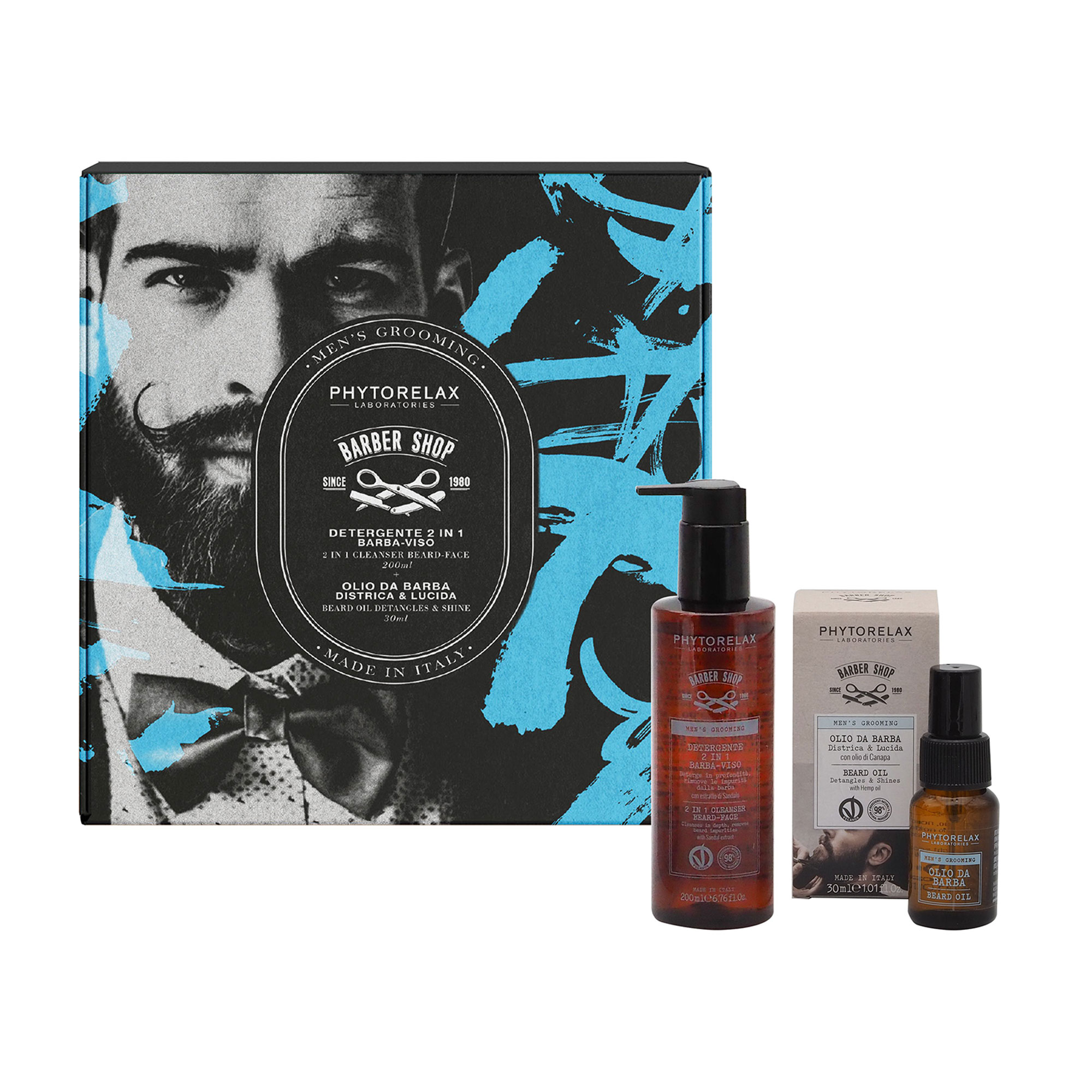 Чоловічий набір для обличчя та бороди Phytorelax Laboratories Barber Shop (очищувальний гель 2 в 1, 200 мл + олія для бороди, 30 мл)