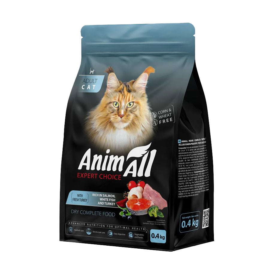 Cухий корм для котів AnimAll з лососем, білою рибою та свіжою індичкою, 400 г