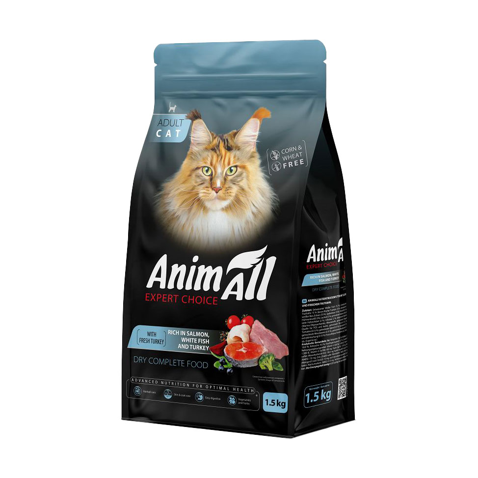 Cухий корм для котів AnimAll з лососем, білою рибою та свіжою індичкою, 1.5 кг