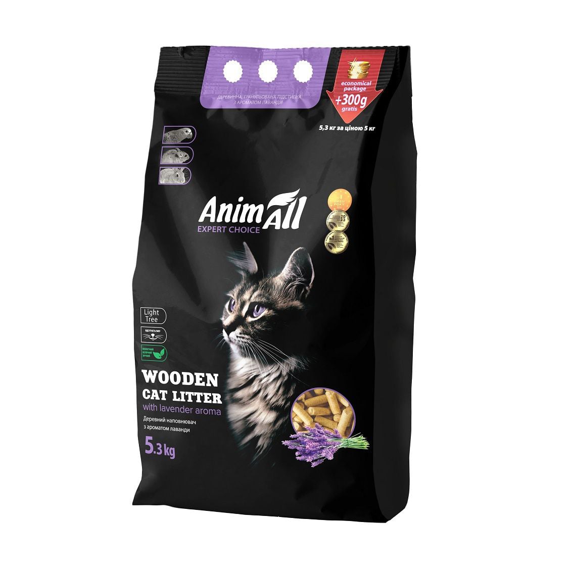 Деревний наповнювач для котячого туалету AnimAll з ароматом лаванди, 5.3 кг