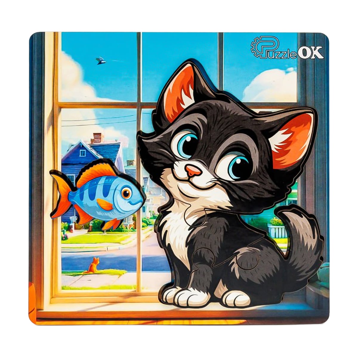 Дерев'яний сортер PuzzleOk Допитливий котик, 4 деталі, від 1.5 року, 14*14 см (Puz-88751)