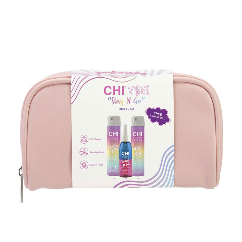 Дорожній набір для волосся CHI Vibes Slay N Go Travel Kit (Know It All, 59 мл + Wake + Fake, 74 г + Better Together, 74 г + косметичка)
