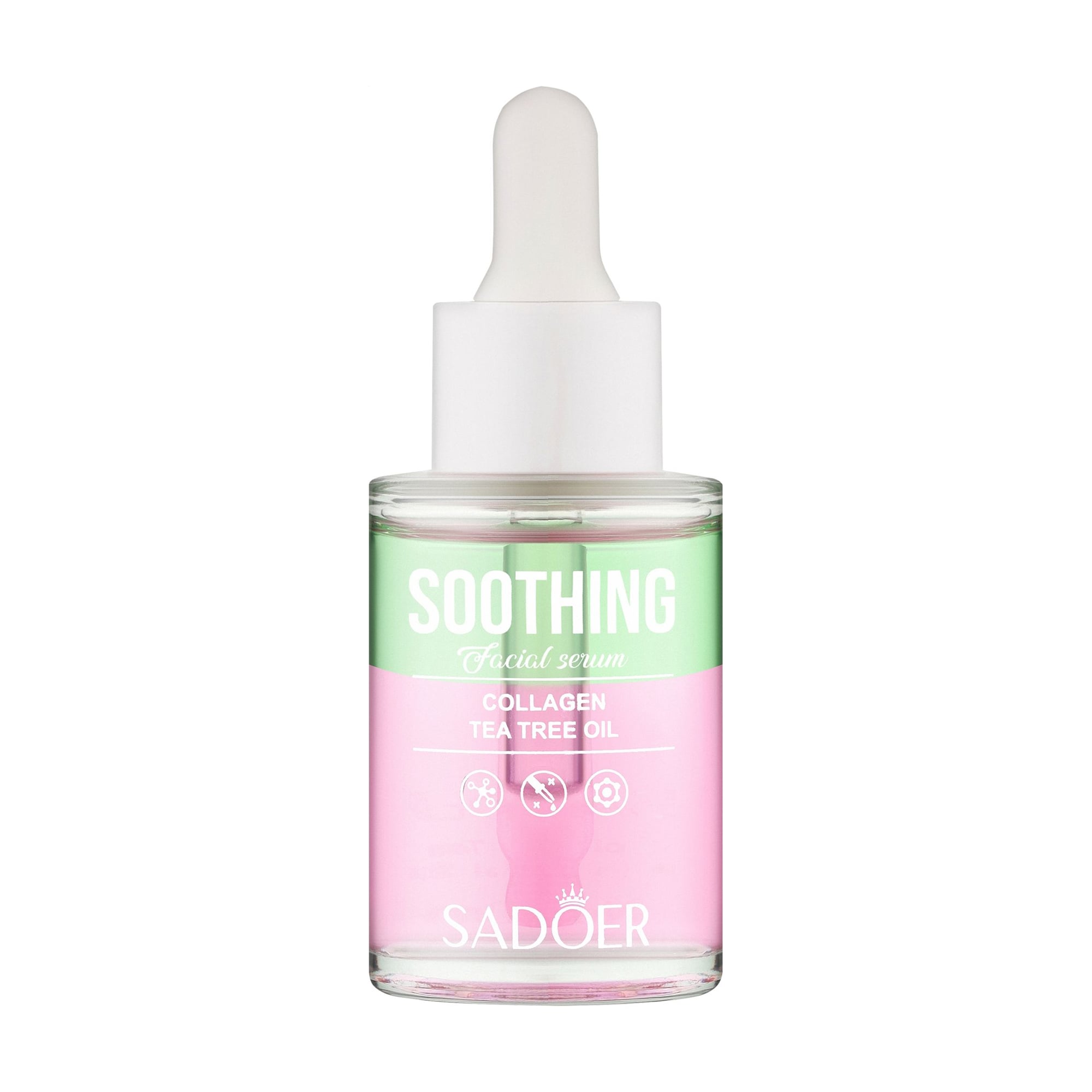 Двофазна заспокійлива сироватка для обличчя Sadoer Soothing Facial Serum pH 5.5 з колагеном та олією чайного дерева, 30 мл