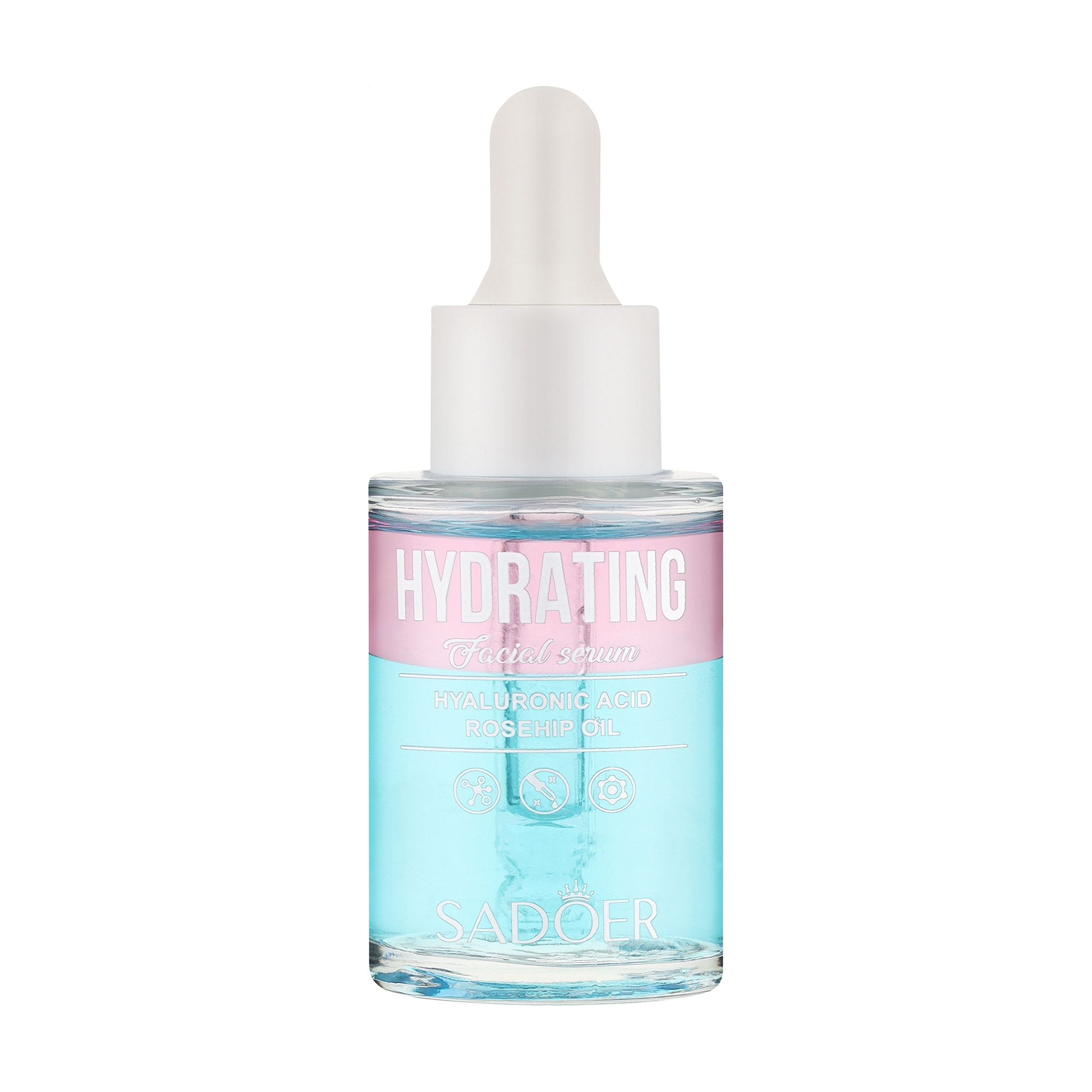 Двофазна зволожувальна сироватка для обличчя Sadoer Hydrating Facial Serum pH 5.5 з гіалуроновою кислотою та олією шипшини, 30 мл