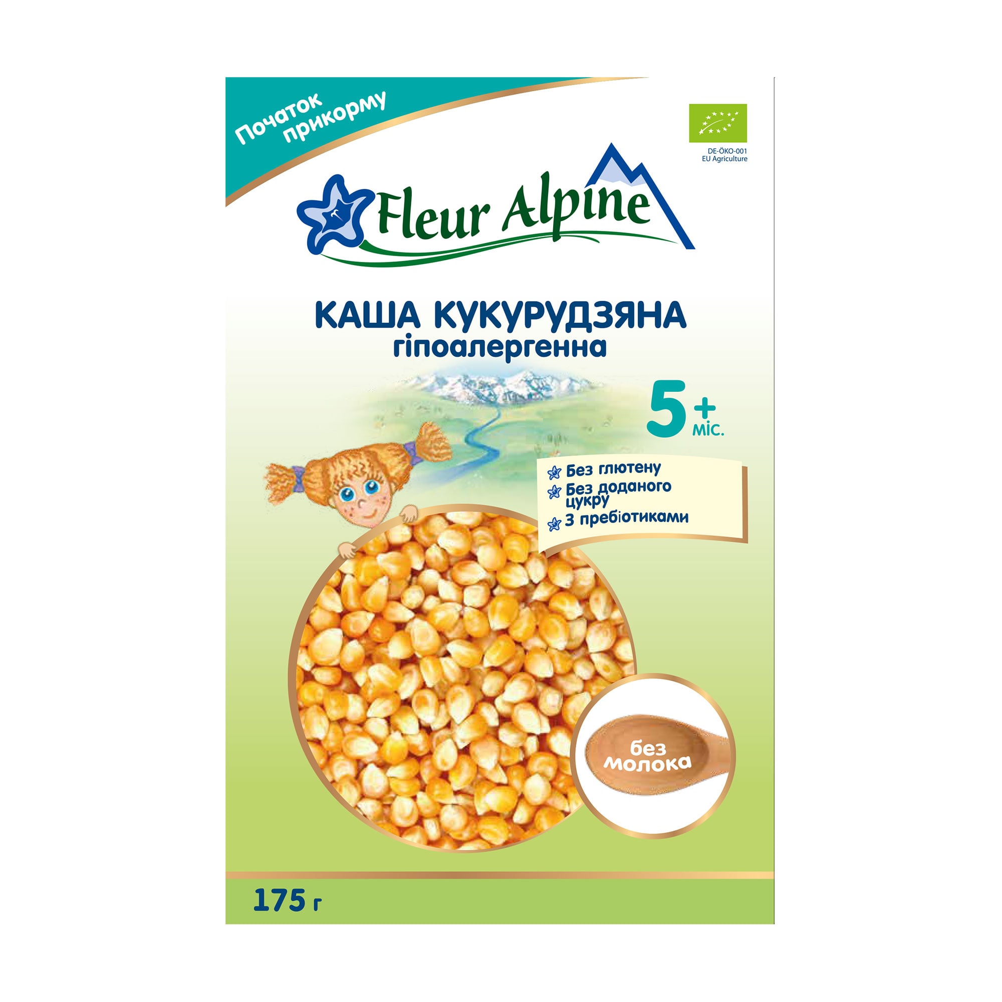 Дитяча безмолочна каша Fleur Alpine Кукурудзяна, з пребіотиками, гіпоалергенна, від 5 місяців, 175 г