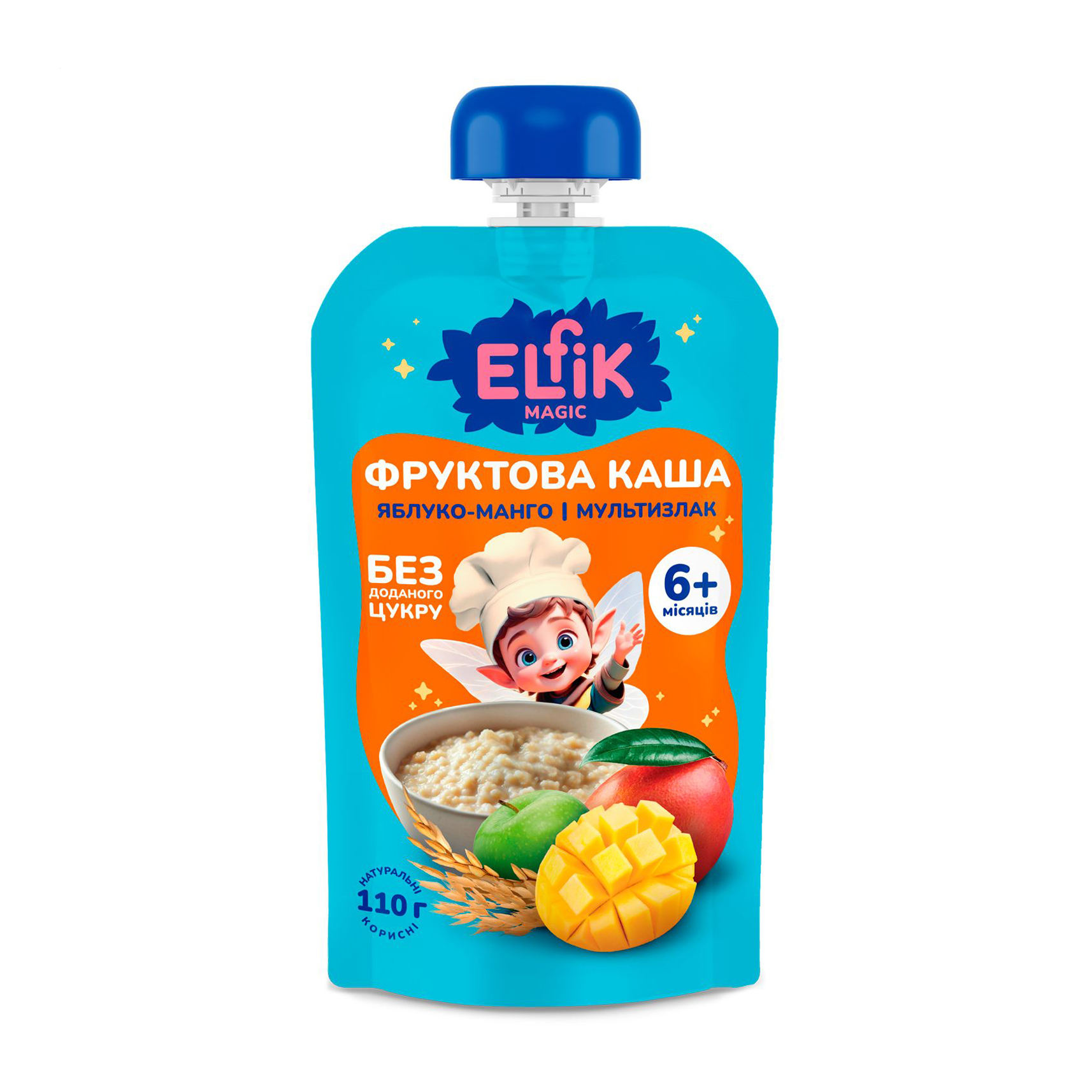 Дитяча фруктова каша Elfik Magic Яблуко-манго і мультизлак, без доданого цукру, від 6 місяців, 110 г (дой-пак)
