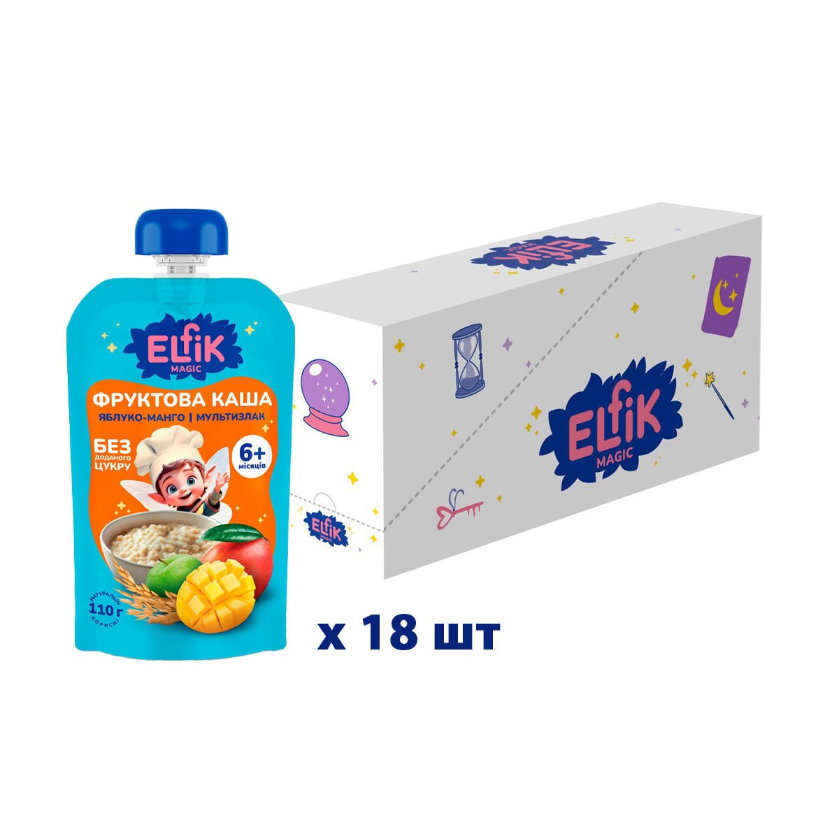 Дитяча фруктова каша Elfik Magic Яблуко-манго і мультизлак, без доданого цукру, від 6 місяців, 18*110 г