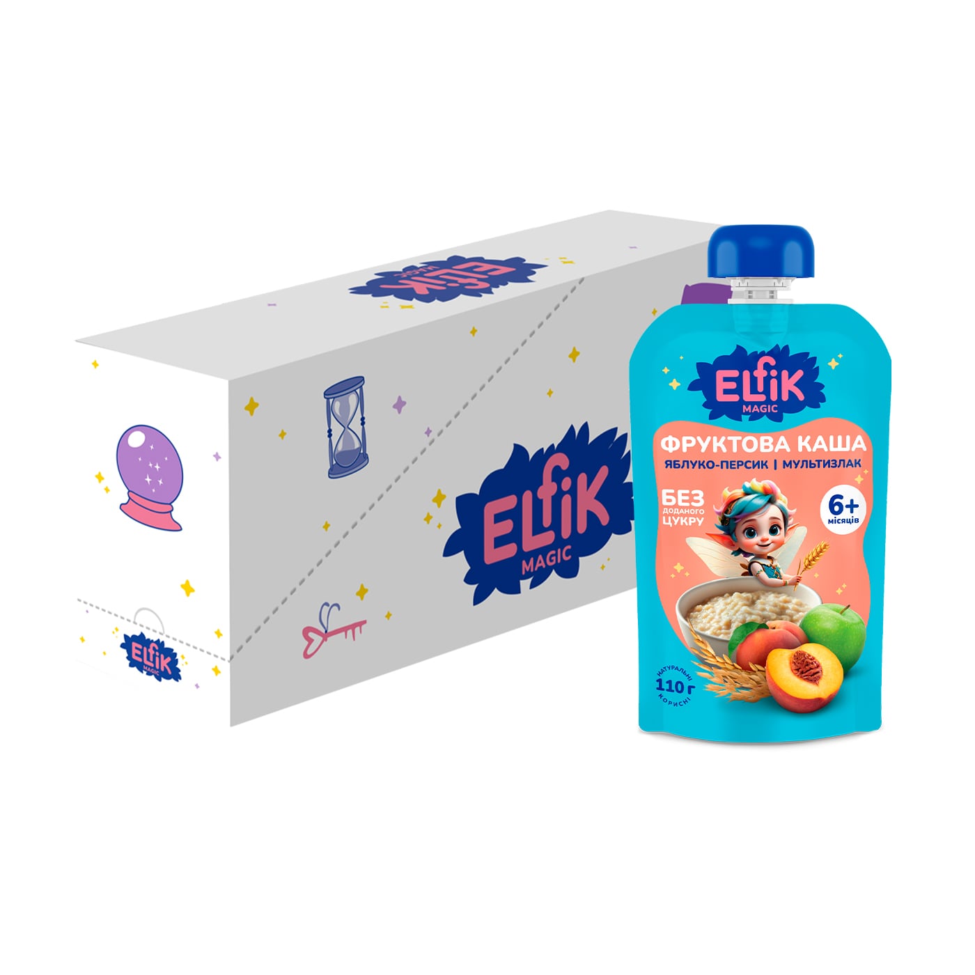 Дитяча фруктова каша Elfik Magic Яблуко-персик і мультизлак, без доданого цукру, від 6 місяців, 18*110 г