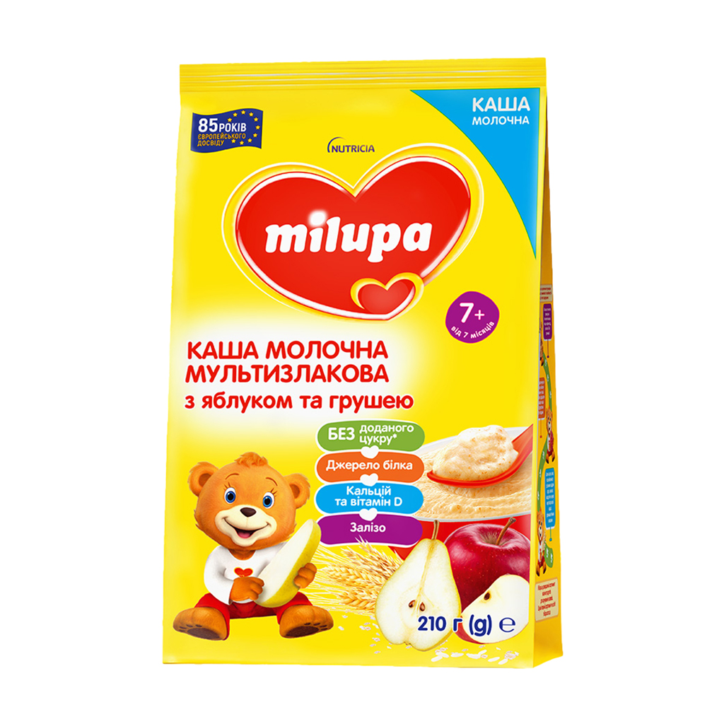 Дитяча молочна мультизлакова каша Milupa швидкорозчинна, з яблуком та грушею, від 7 місяців, 210 г