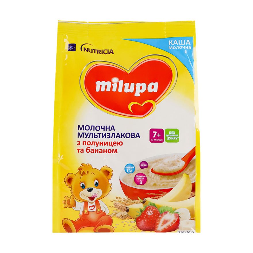 Дитяча молочна мультизлакова каша Milupa з полуницею та бананом, від 7 місяців, 210 г