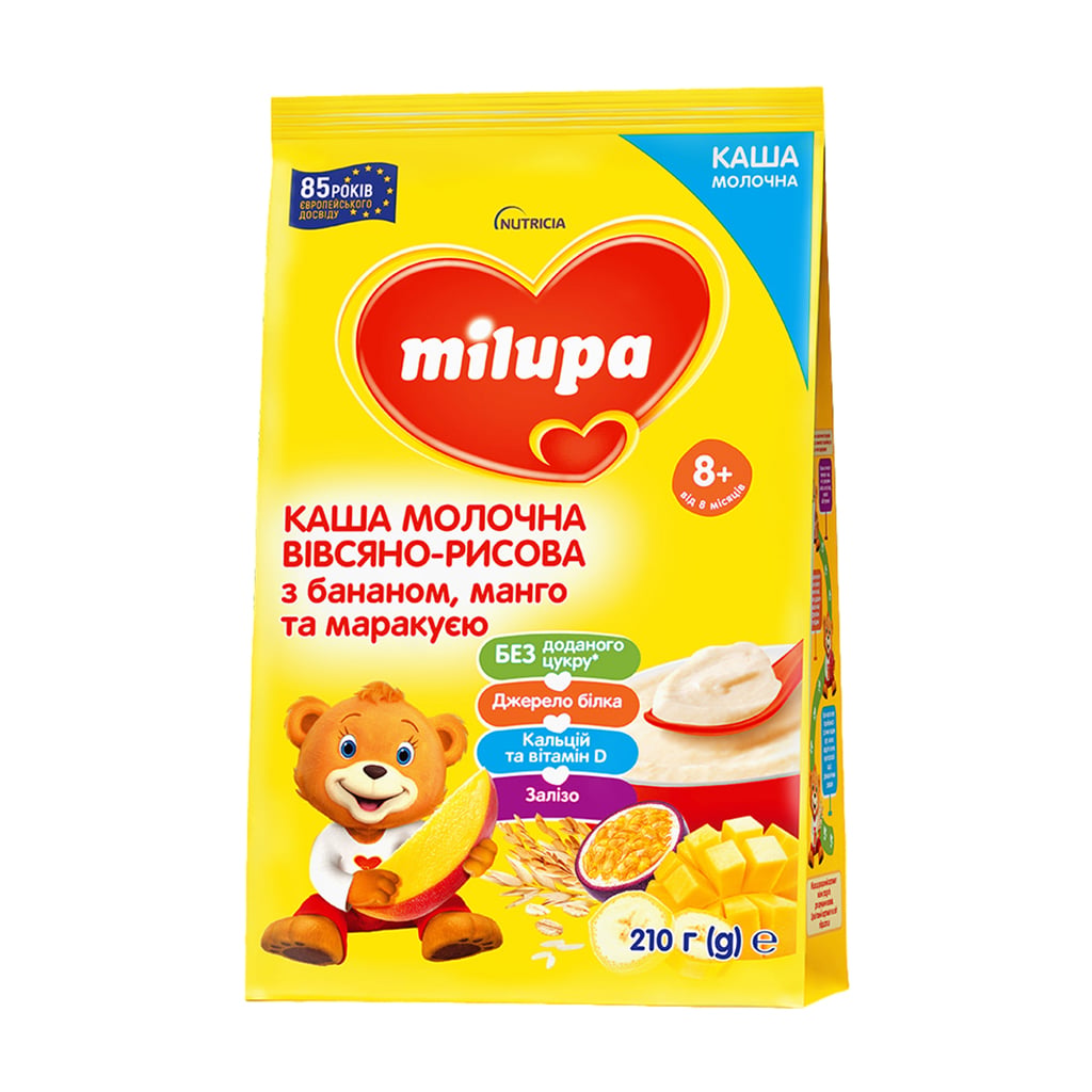 Дитяча молочна вівсяно-рисова каша Milupa з бананом, манго та маракуєю, від 8 місяців, 210 г
