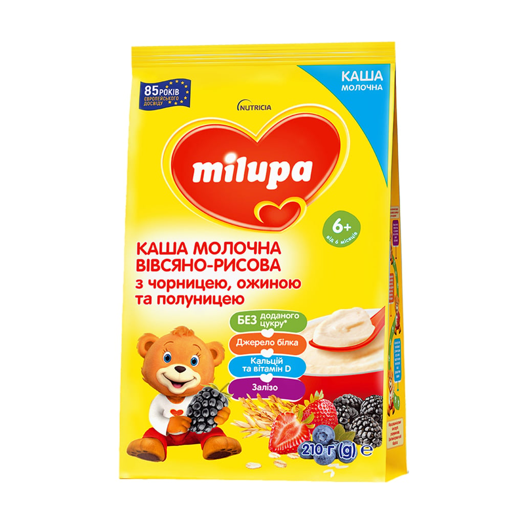Дитяча молочна вівсяно-рисова каша Milupa з чорницею, ожиною та полуницею, від 6 місяців, 210 г
