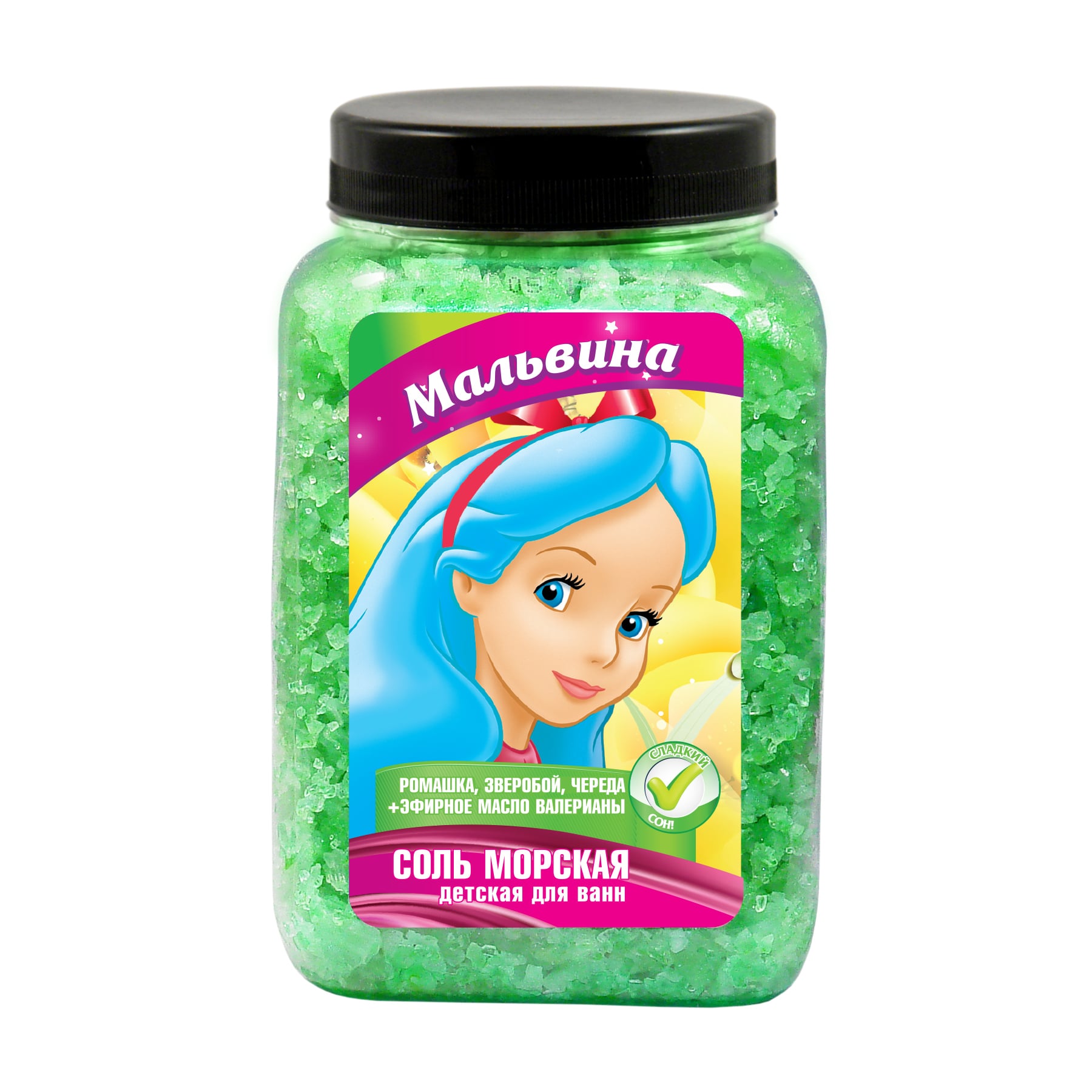 Дитяча морська сіль для ванн Bioton Cosmetics Детская Линия Мальвіна з ромашкою, звіробій, череда, ефірна олія валеріани, 750 г