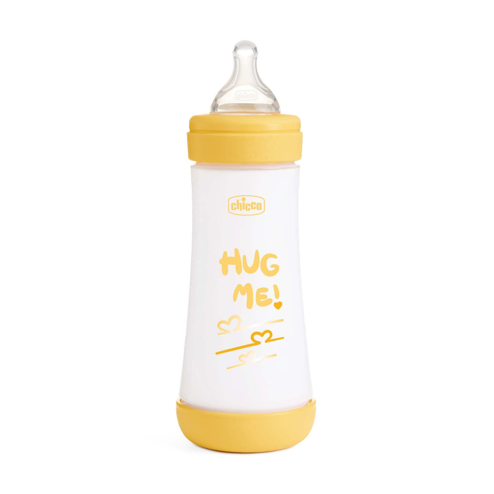 Дитяча пластикова пляшечка для годування Chicco Perfect 5 Love силіконова соска, швидкий потік, від 4 місяців, жовта, 300 мл (20235.31.40)