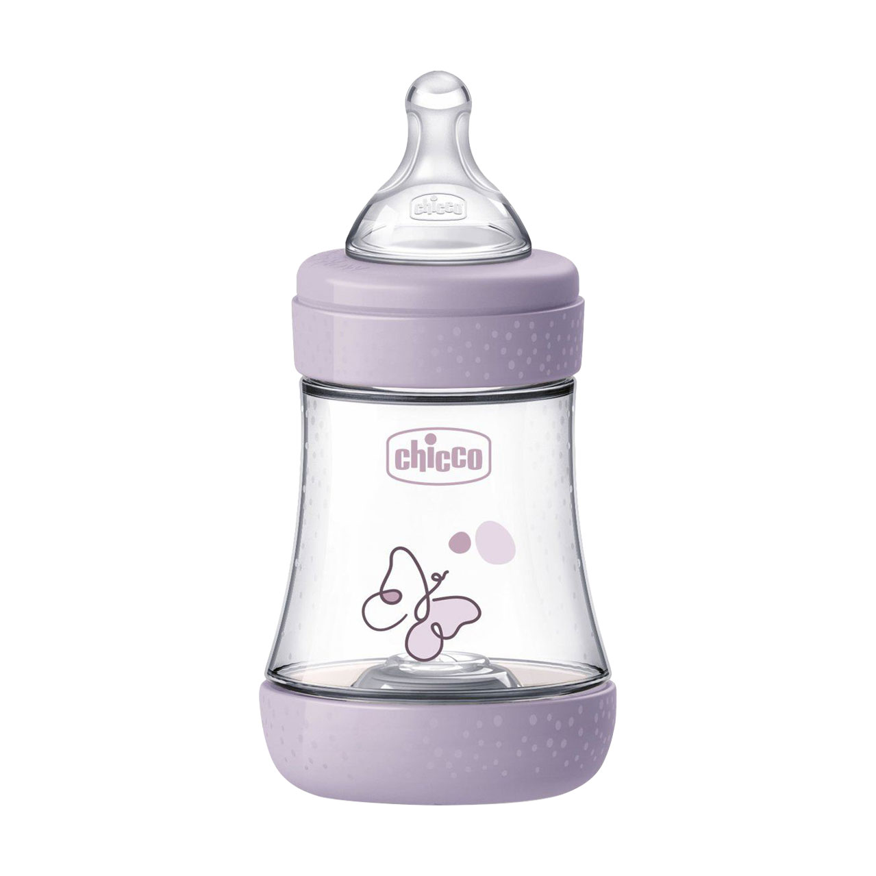 Дитяча пластикова пляшечка для годування Chicco Perfect 5 Butterfly силіконова соска, повільний потік, від народження, рожева, 150 мл (20211.12.40)