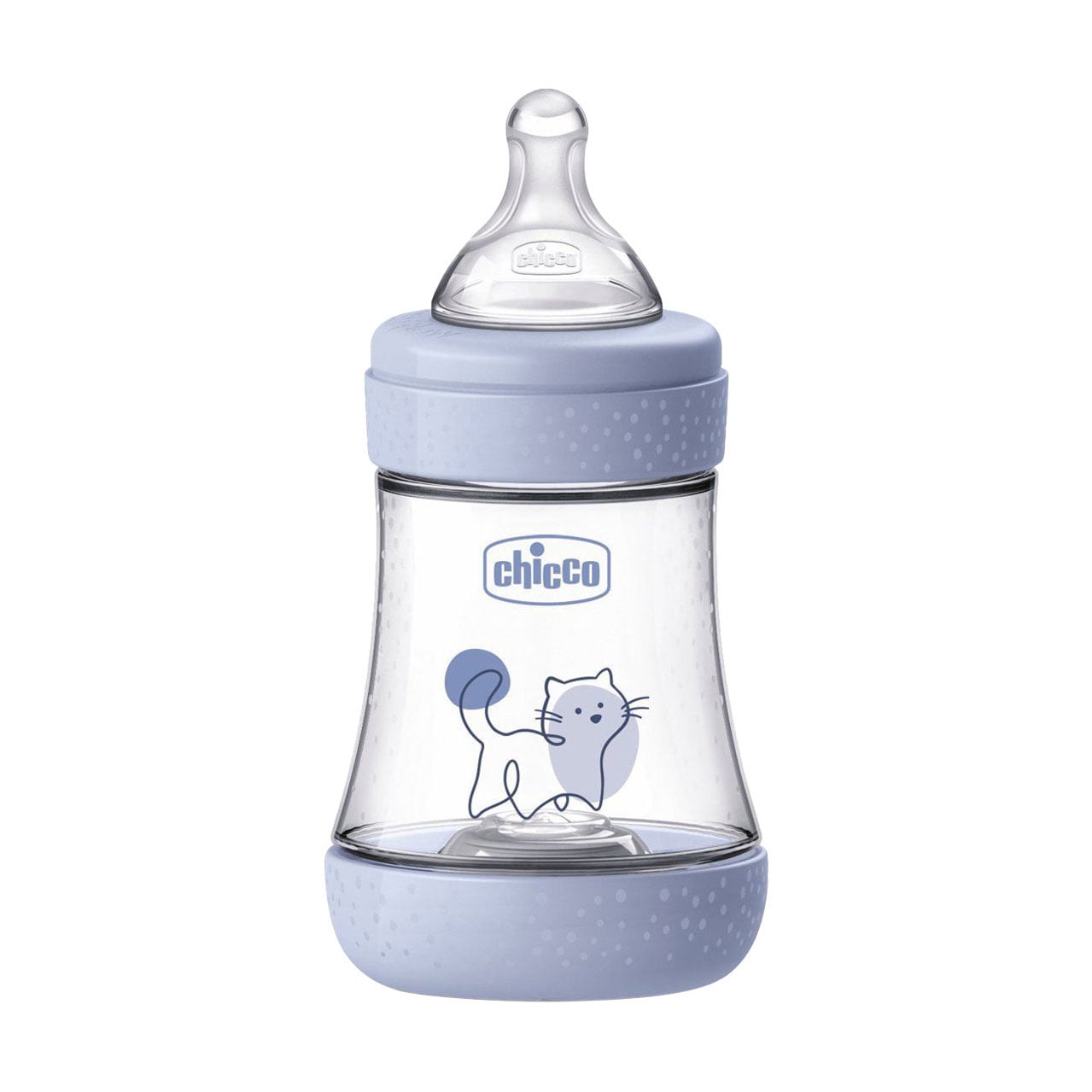 Дитяча пластикова пляшечка для годування Chicco Perfect 5 Kitten силіконова соска, повільний потік, від народження, блакитна, 150 мл (20211.22.40)