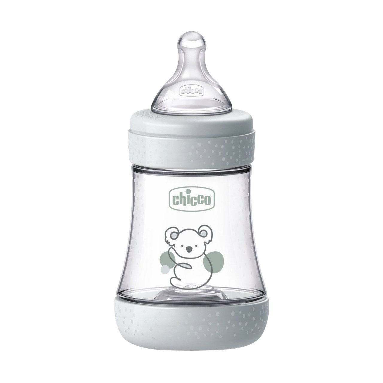 Дитяча пластикова пляшечка для годування Chicco Perfect 5 Koala силіконова соска, повільний потік, від народження, сіра, 150 мл (20211.32.40)