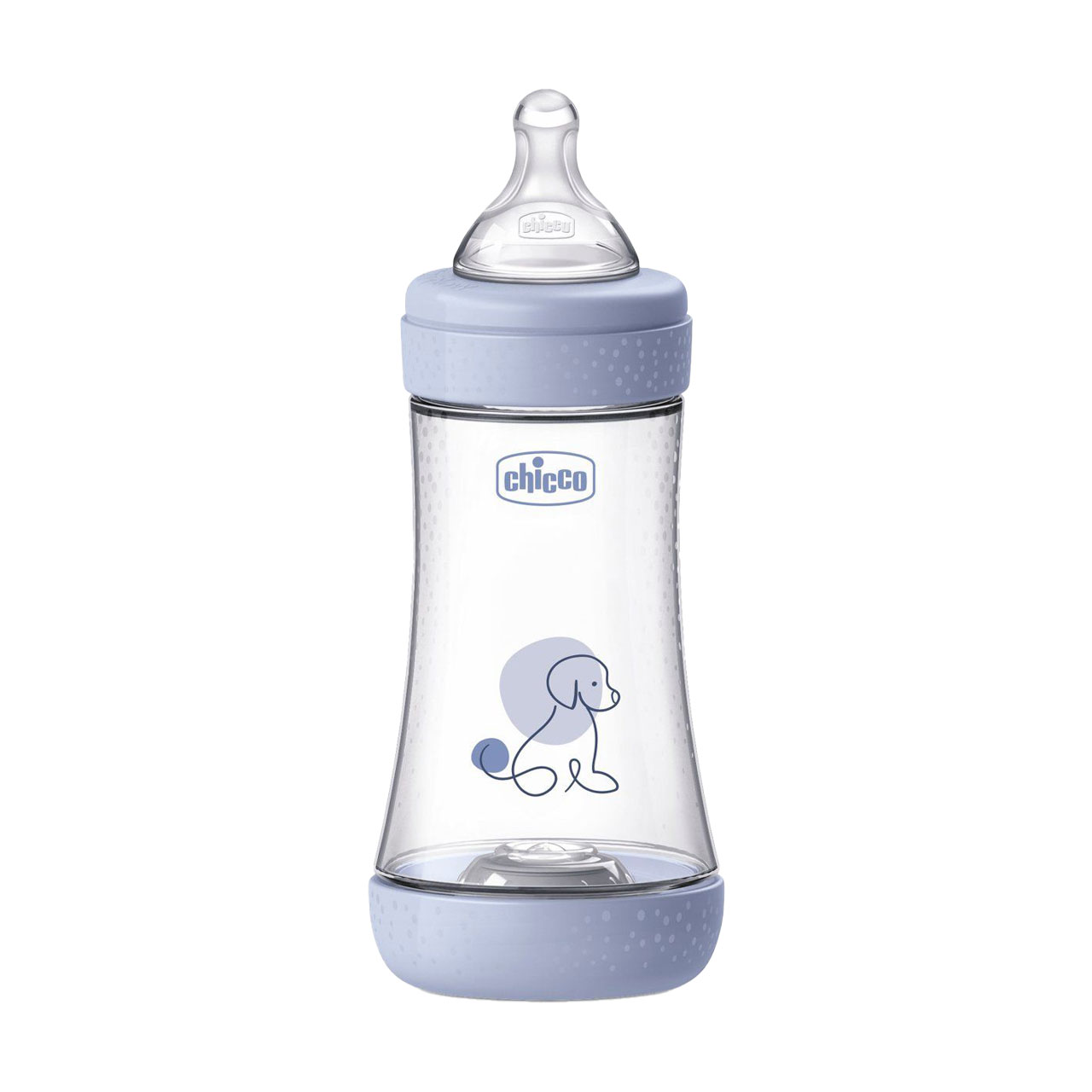 Дитяча пластикова пляшечка для годування Chicco Perfect 5 Puppy силіконова соска, середній потік, від 2 місяців, блакитна, 240 мл (20223.22.40)