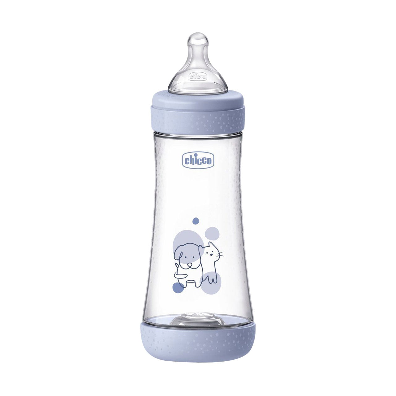 Дитяча пластикова пляшечка для годування Chicco Perfect 5 Friends силіконова соска, швидкий потік, від 4 місяців, блакитна, 300 мл (20235.22.40)