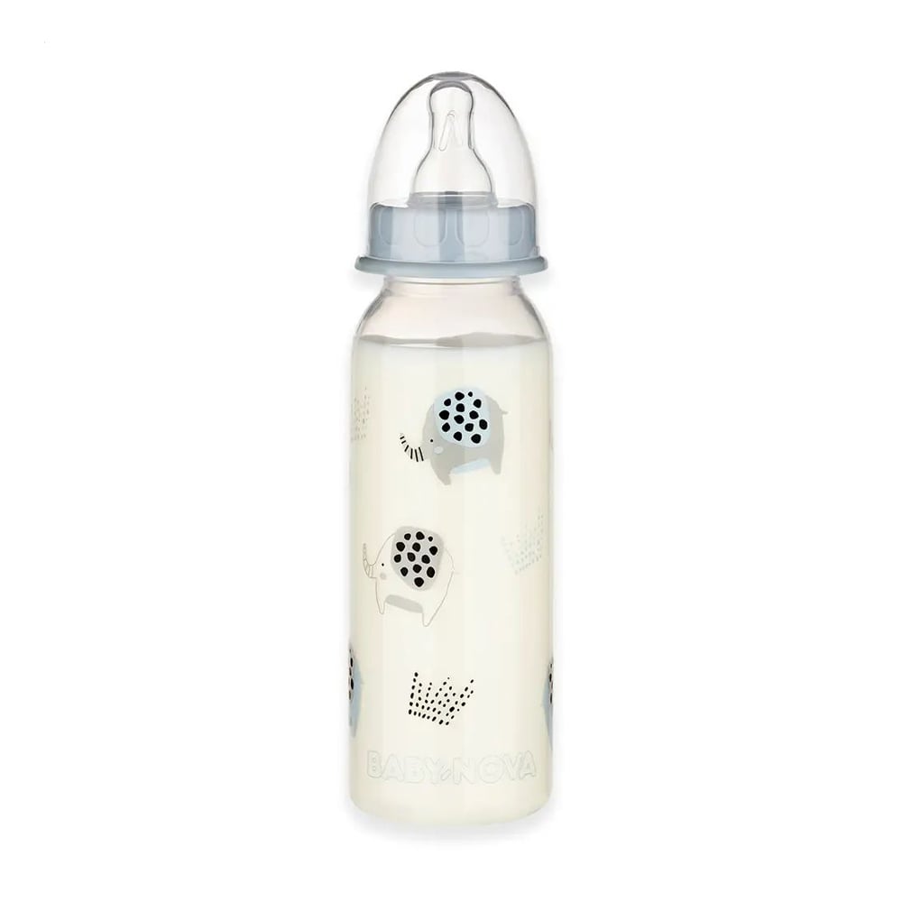 Дитяча пластикова пляшка для годування Baby-Nova Декор, середній потік, від народження до 2 років, блакитна, 240 мл (3960065)
