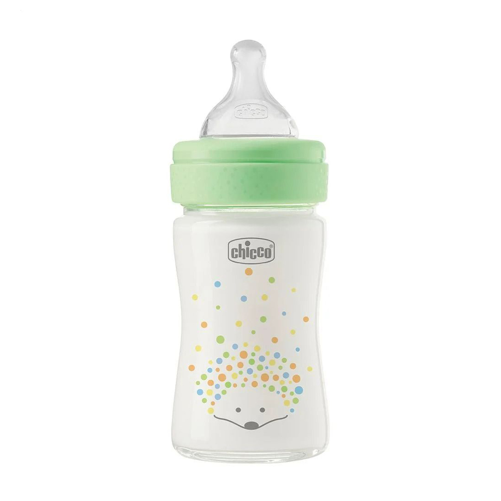 Дитяча скляна пляшечка для годування Chicco Perfect Easy силіконова соска, повільний потік, від народження, зелена, 150 мл (20251.30)