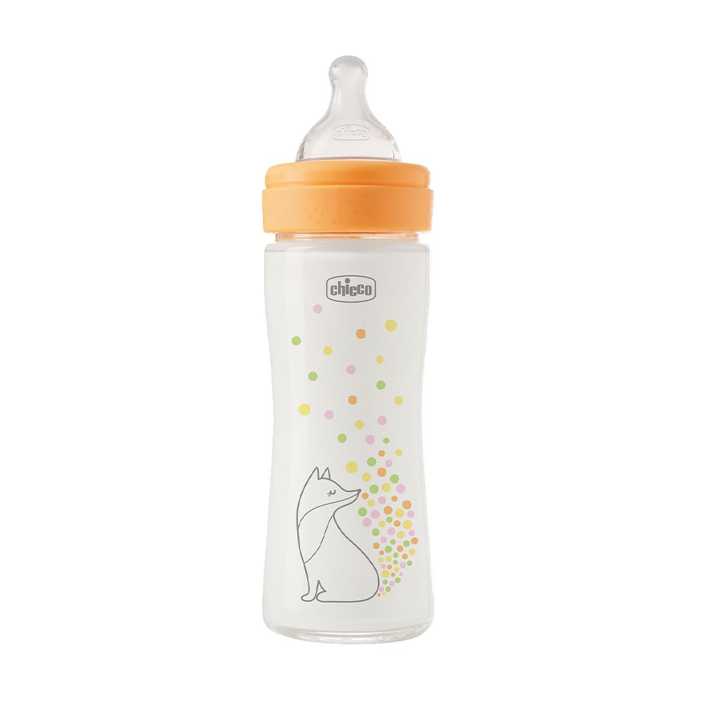 Дитяча скляна пляшечка для годування Chicco Perfect Easy силіконова соска, повільний потік, від народження, помаранчева, 240 мл (20252.10)