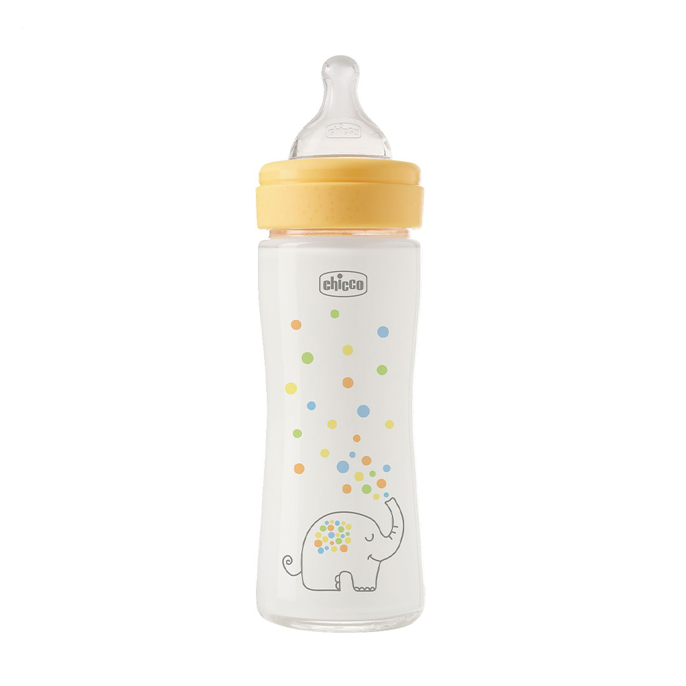 Дитяча скляна пляшечка для годування Chicco Perfect Easy силіконова соска, повільний потік, від народження, жовта, 240 мл (20252.30)