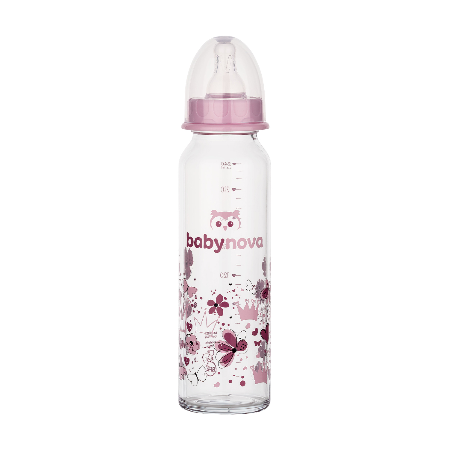 Дитяча скляна пляшка для годування Baby-Nova Декор, середній потік, від народження до 2 років, фіолетова, 240 мл (3960324)