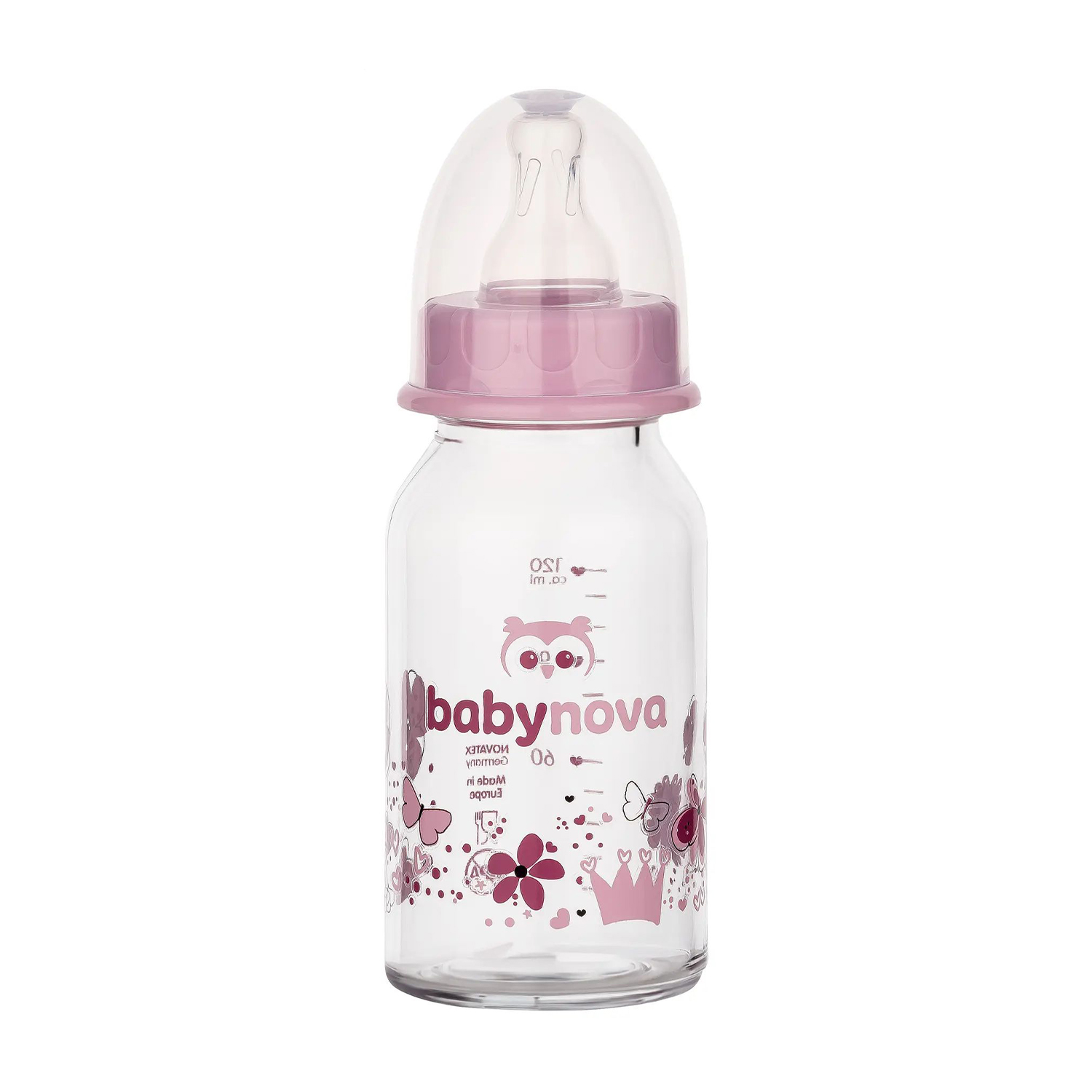 Дитяча скляна пляшка для годування Baby-Nova Декор, повільний потік, від народження до 2 років, фіолетова, 120 мл (3960333)