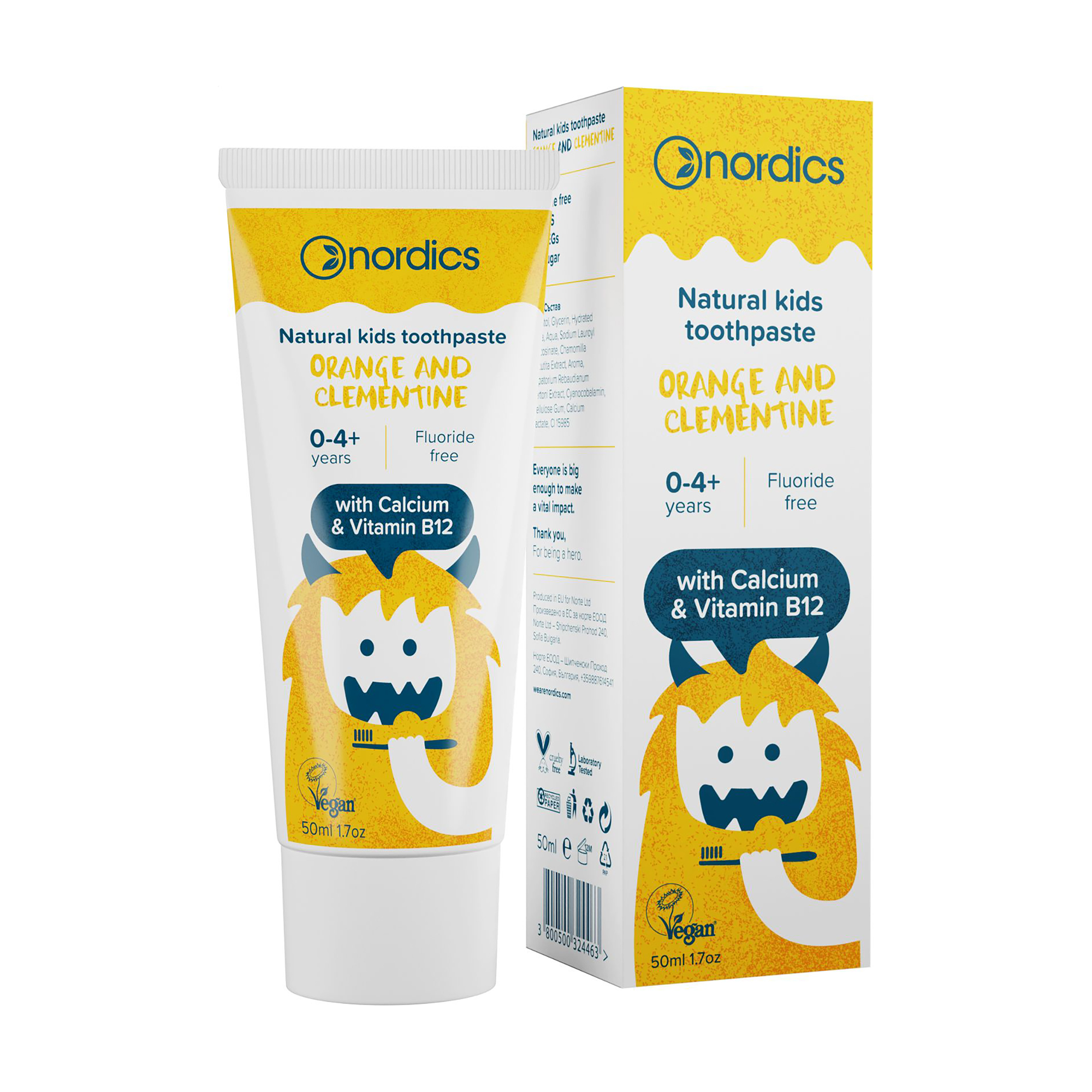 Дитяча зубна паста Nordics Kids Orange &amp; Clementine без фтору, з кальцієм та вітаміном B12, від 0 до 4 років, 50 мл